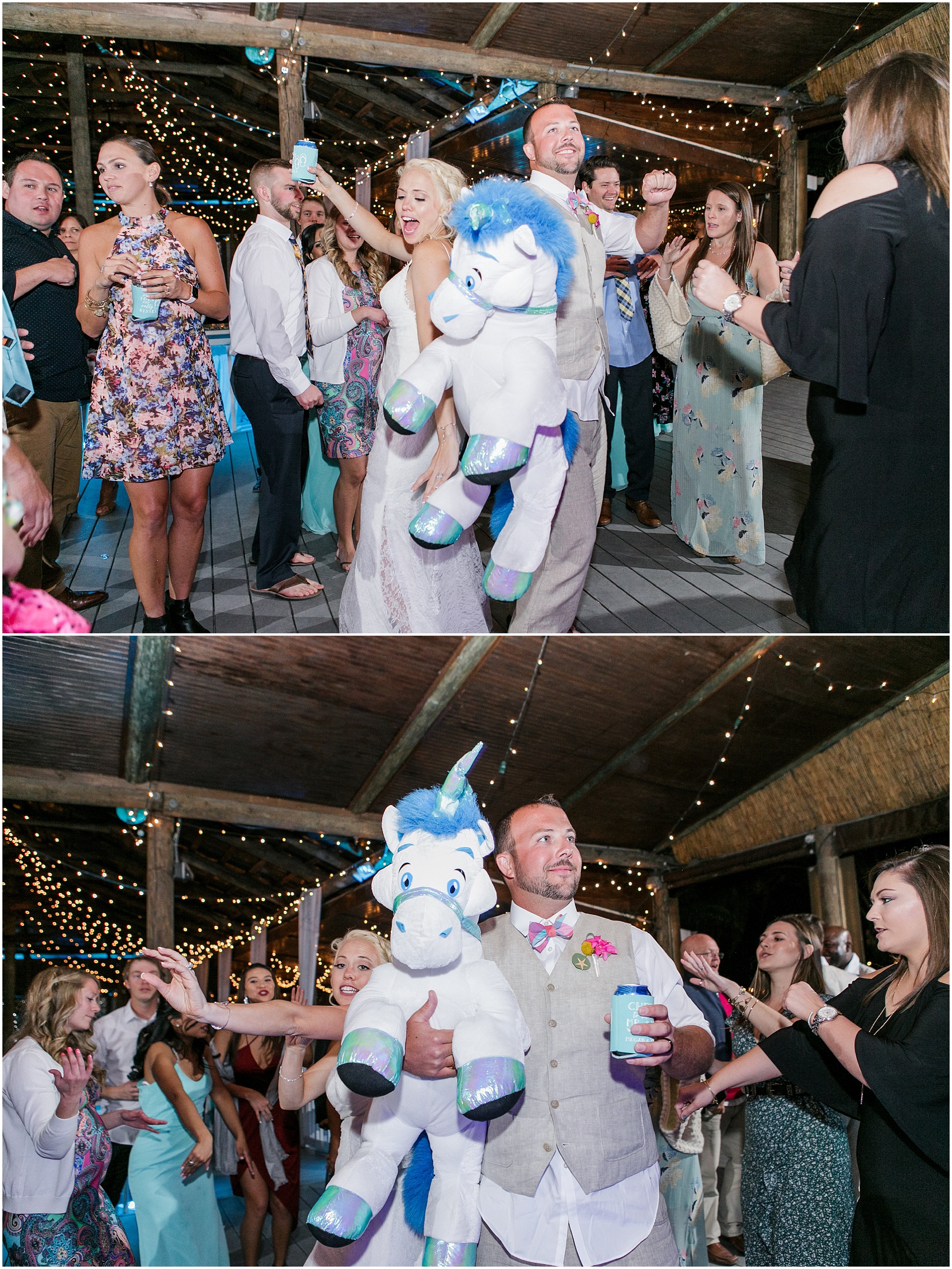 Bride and groom dance with stuffed unicorn at their wedding reception. 