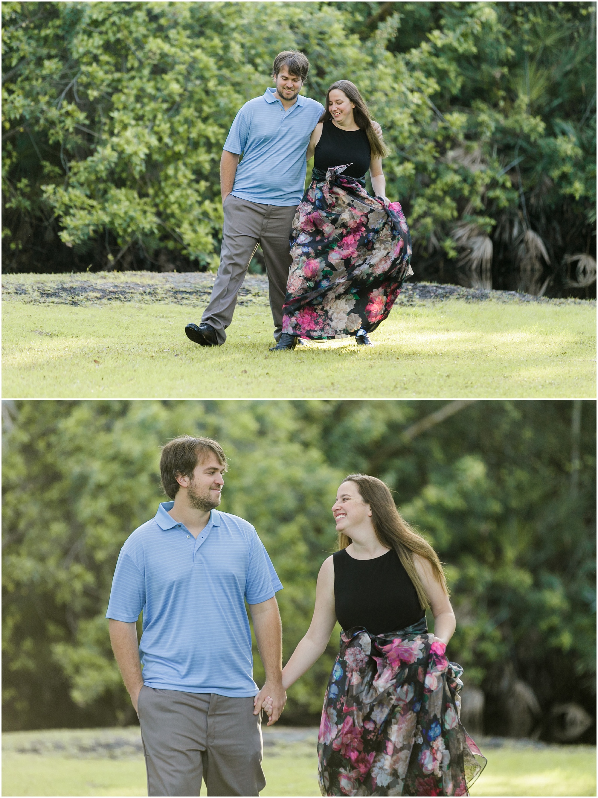 Couple laughing and joking while walking through the grass. 