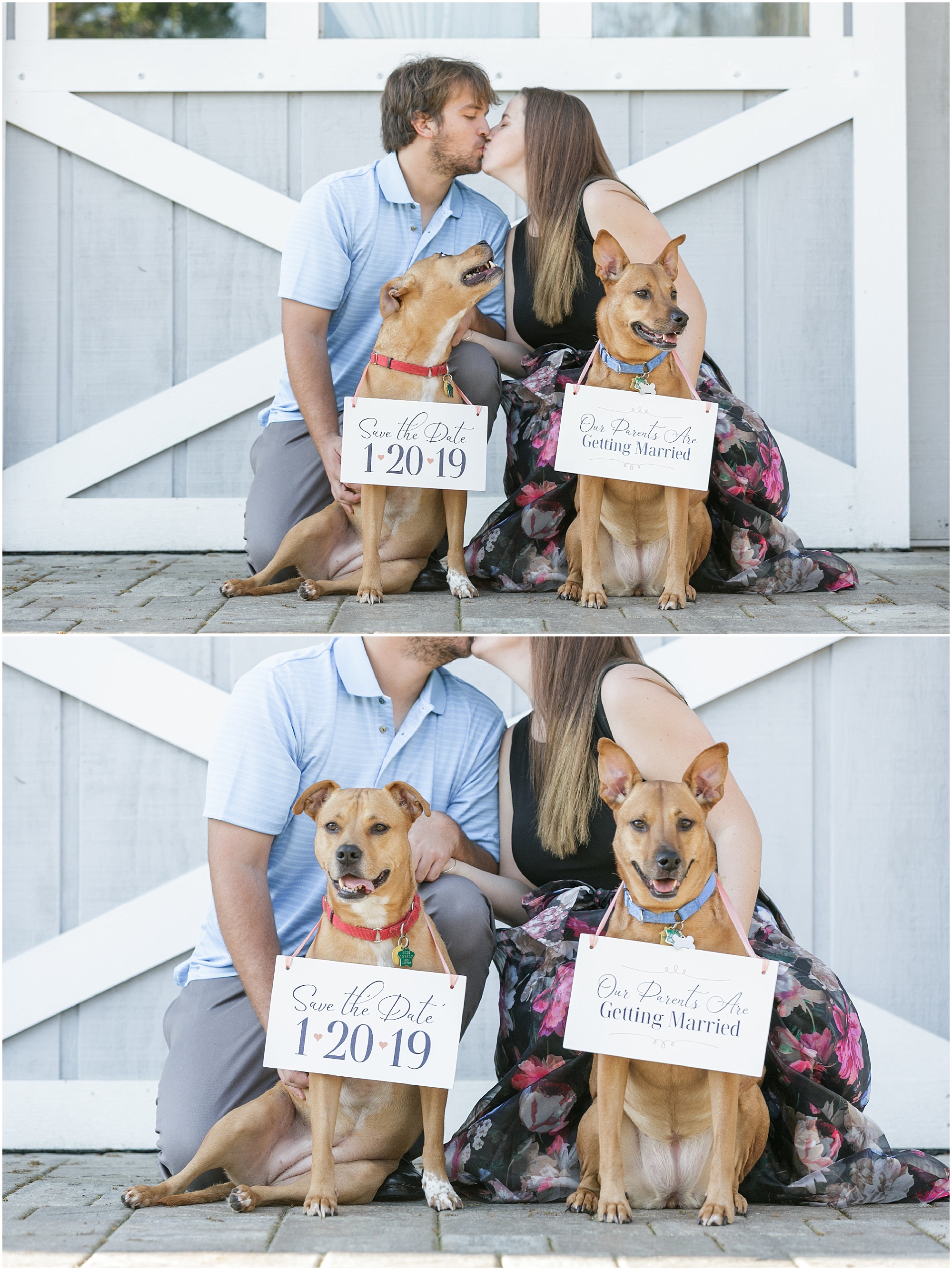 High school sweetheart engagement couple and their dogs posing for pictures in front of boathouse doors. 