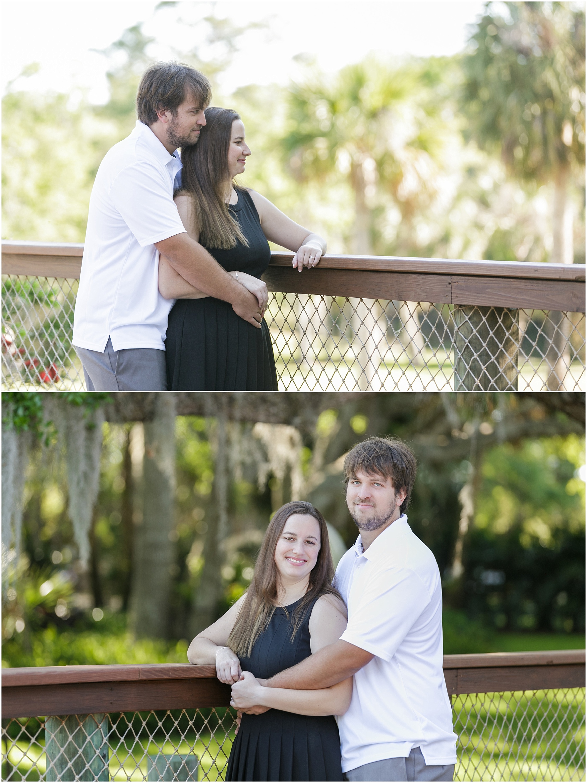 Couple standing on a bridge while holding each other. 