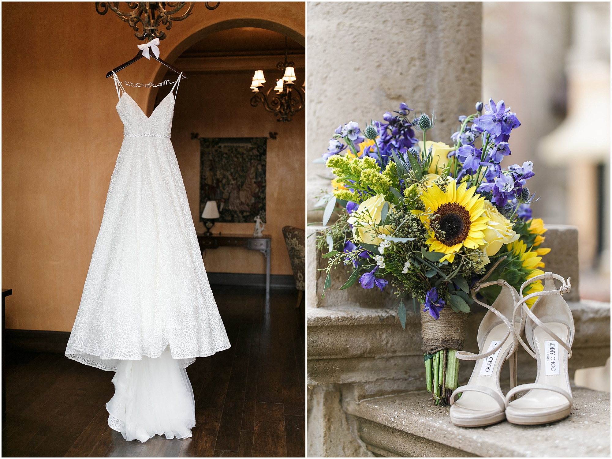 Wedding dress hanging from a chandelier and a sunflower bouquet and shoes. 