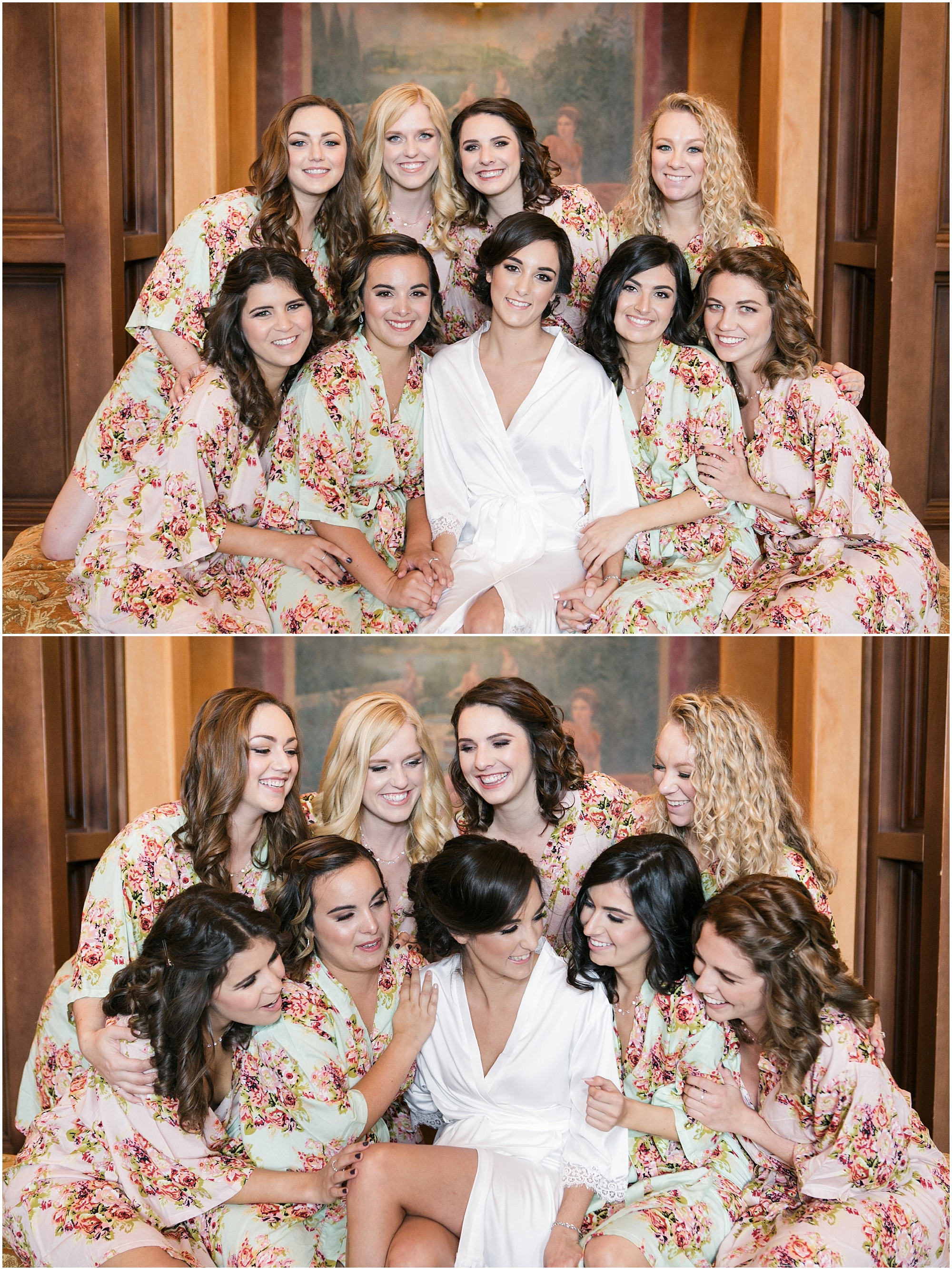 Bridal party in flower robes getting ready for a Bella Collina wedding.