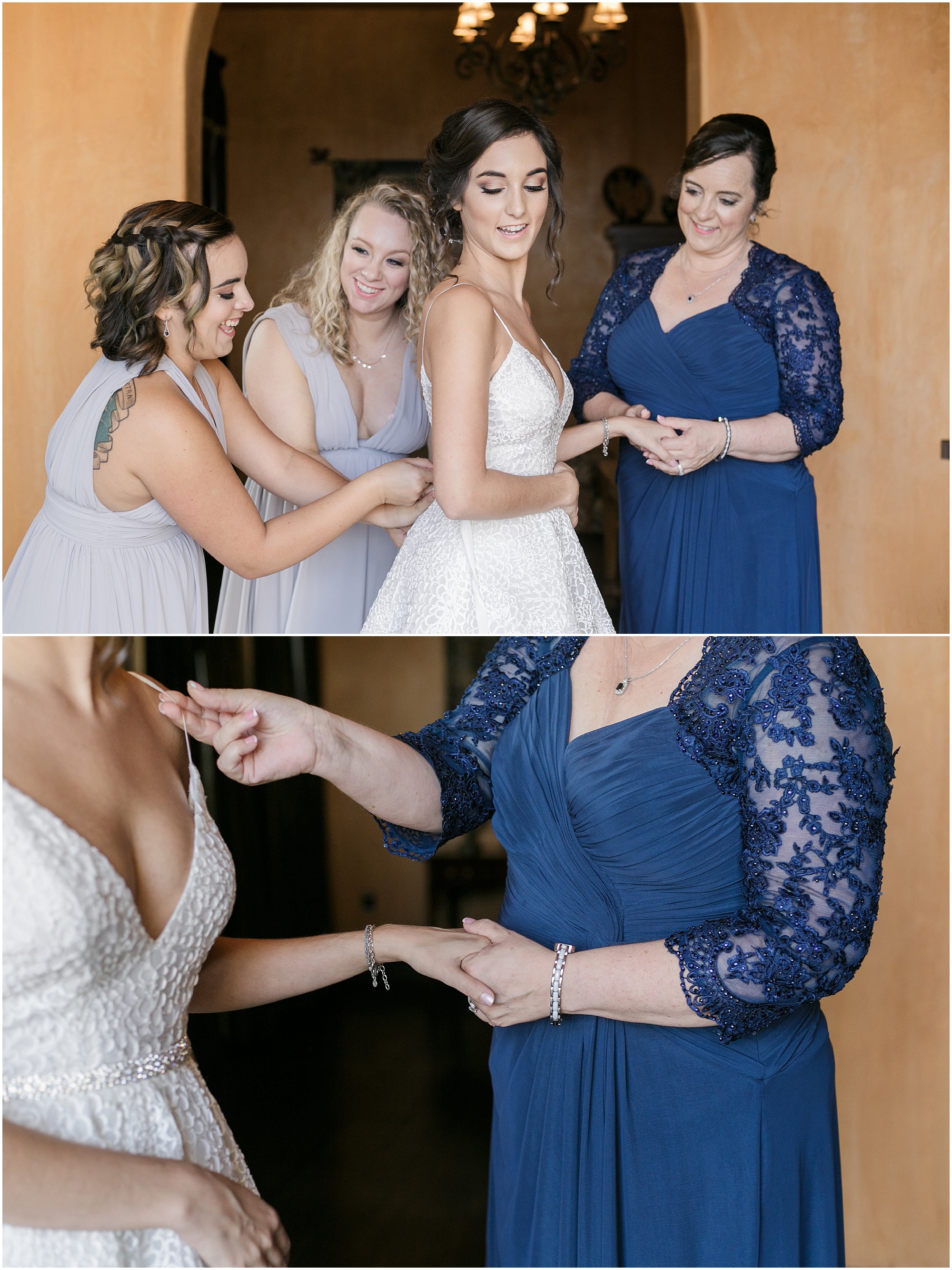 Mother of the bride holding her daughters hand while she gets her dress on.