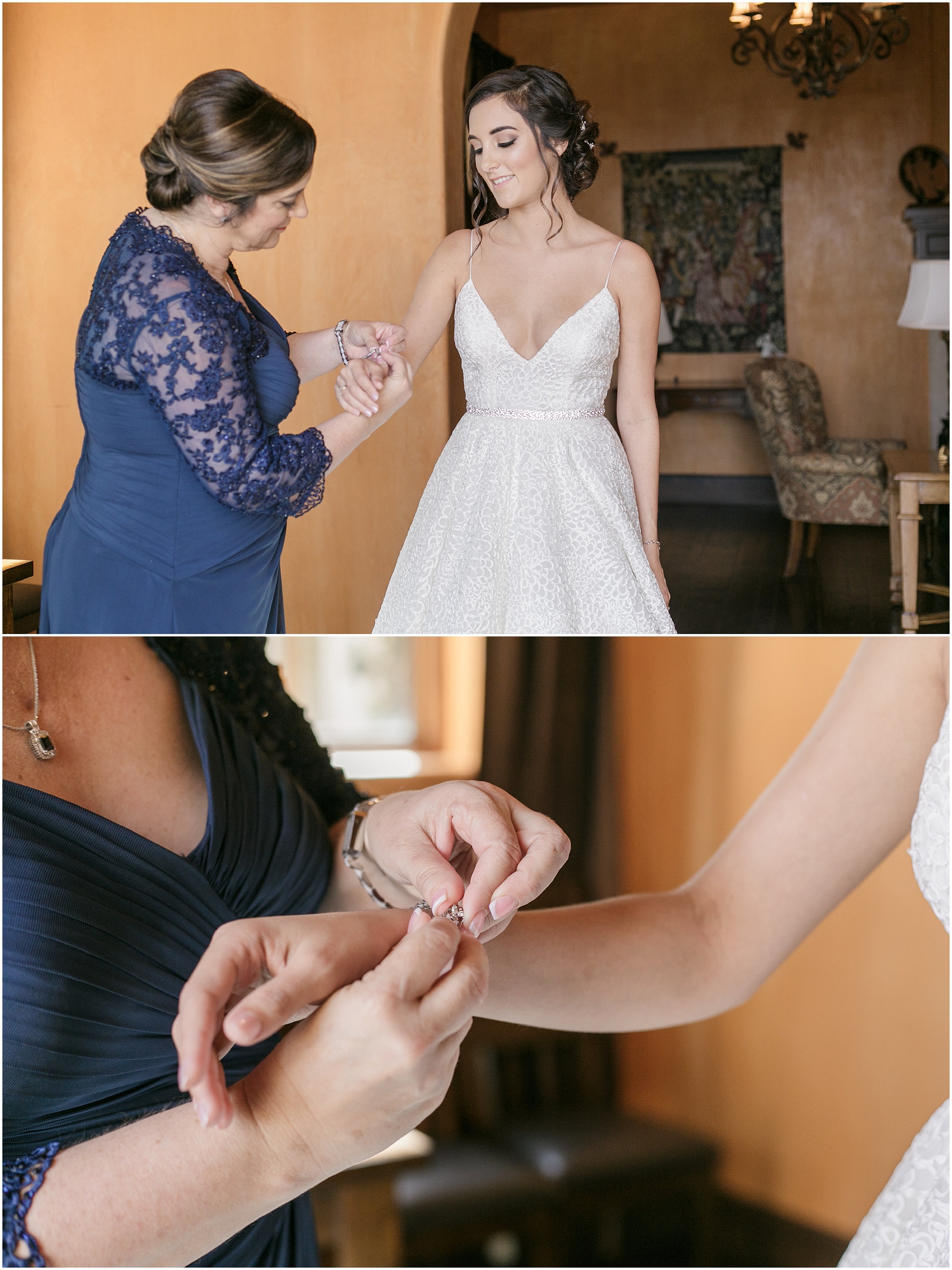 Mother of the bride putting a bracelet on her daughter.