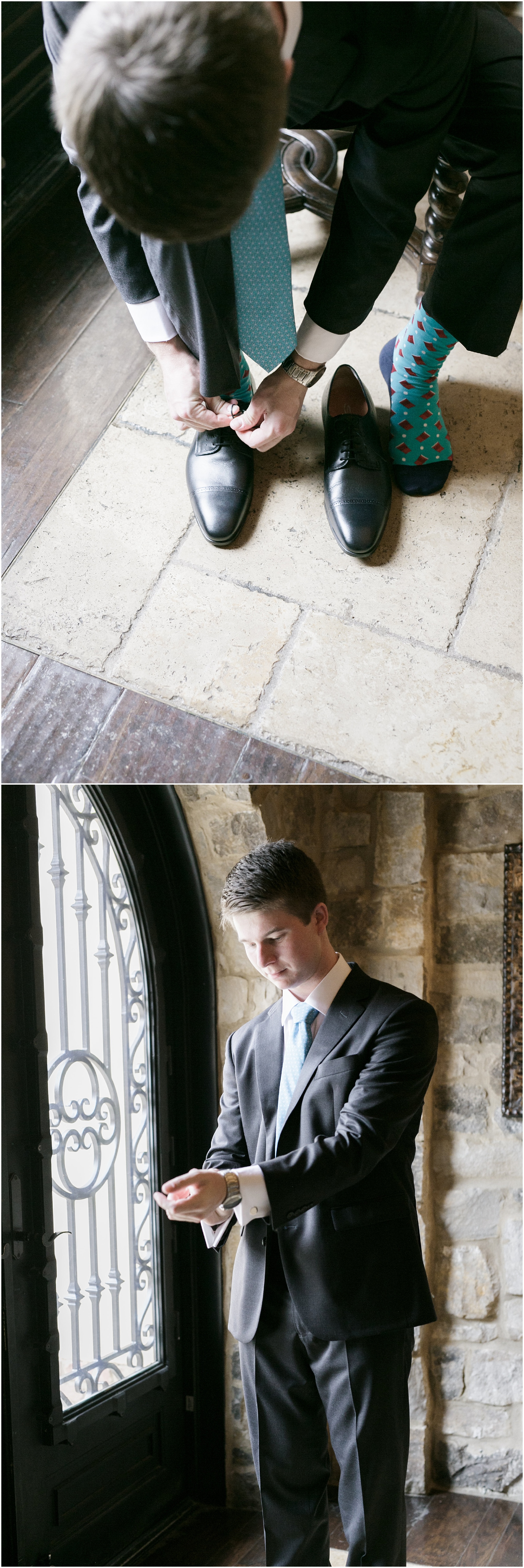 Groom putting on his shoes and doing finishing touches before getting married. 