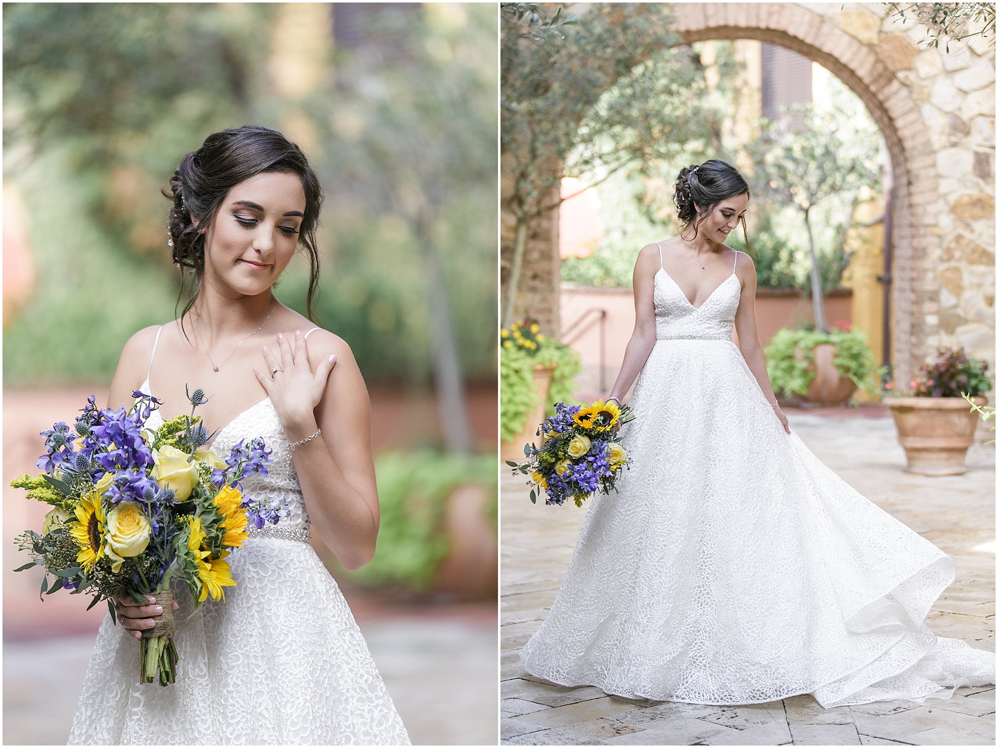 Bride posing for portraits with her sunflower and purple flower bouquet.