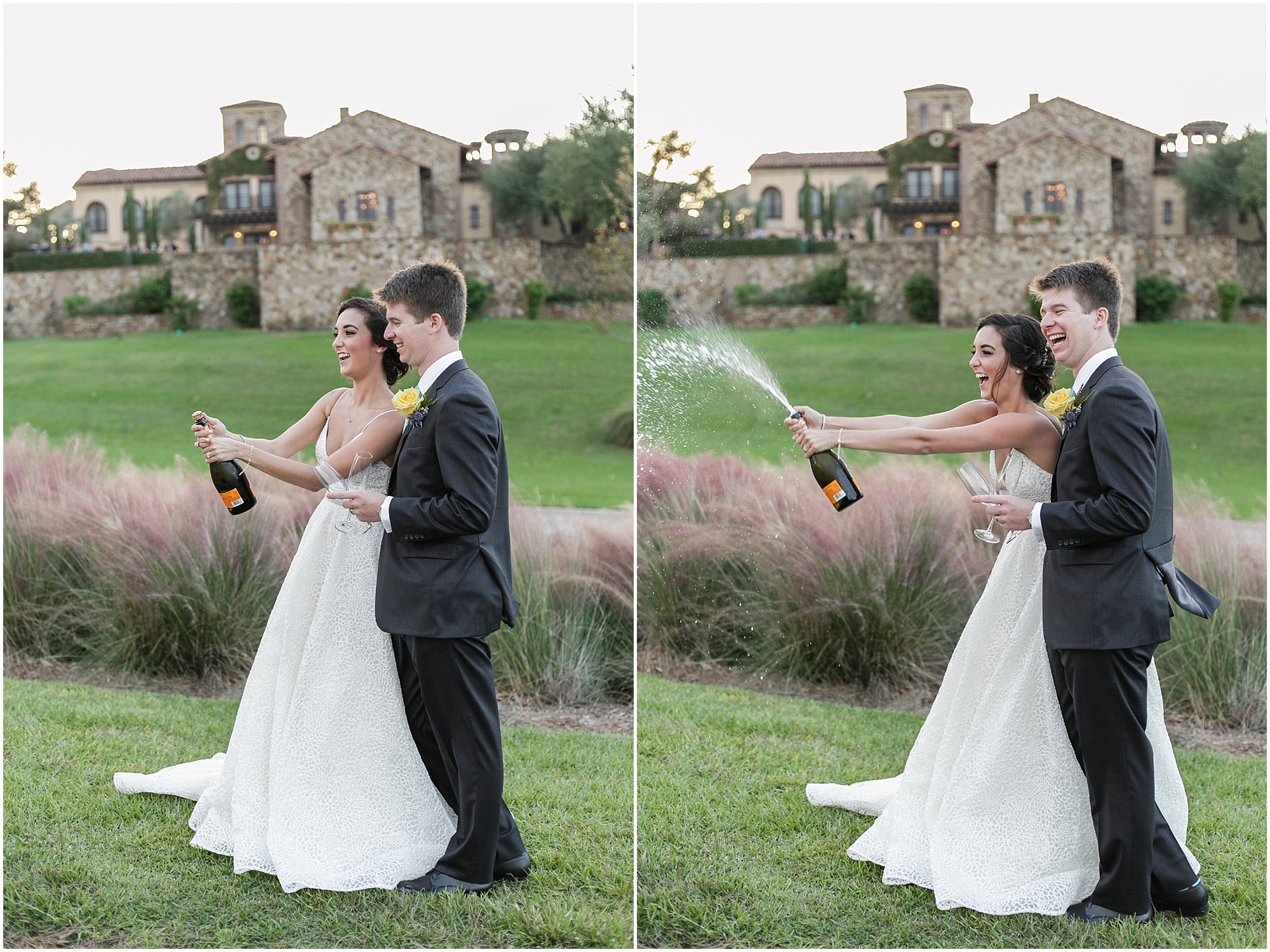 Bride and groom opening a bottle of champagne outside.