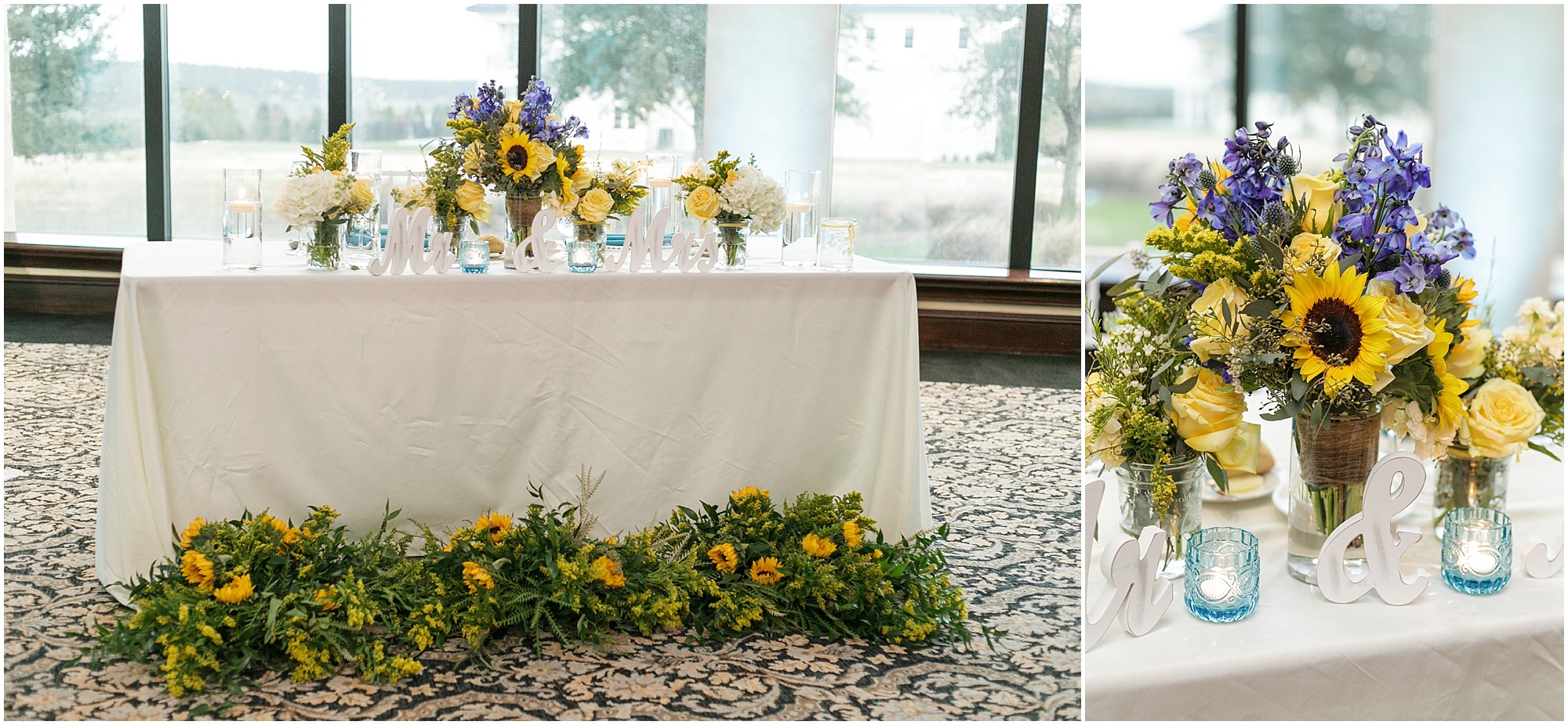 Sweetheart table decorated with sunflowers and bride's bouquet.
