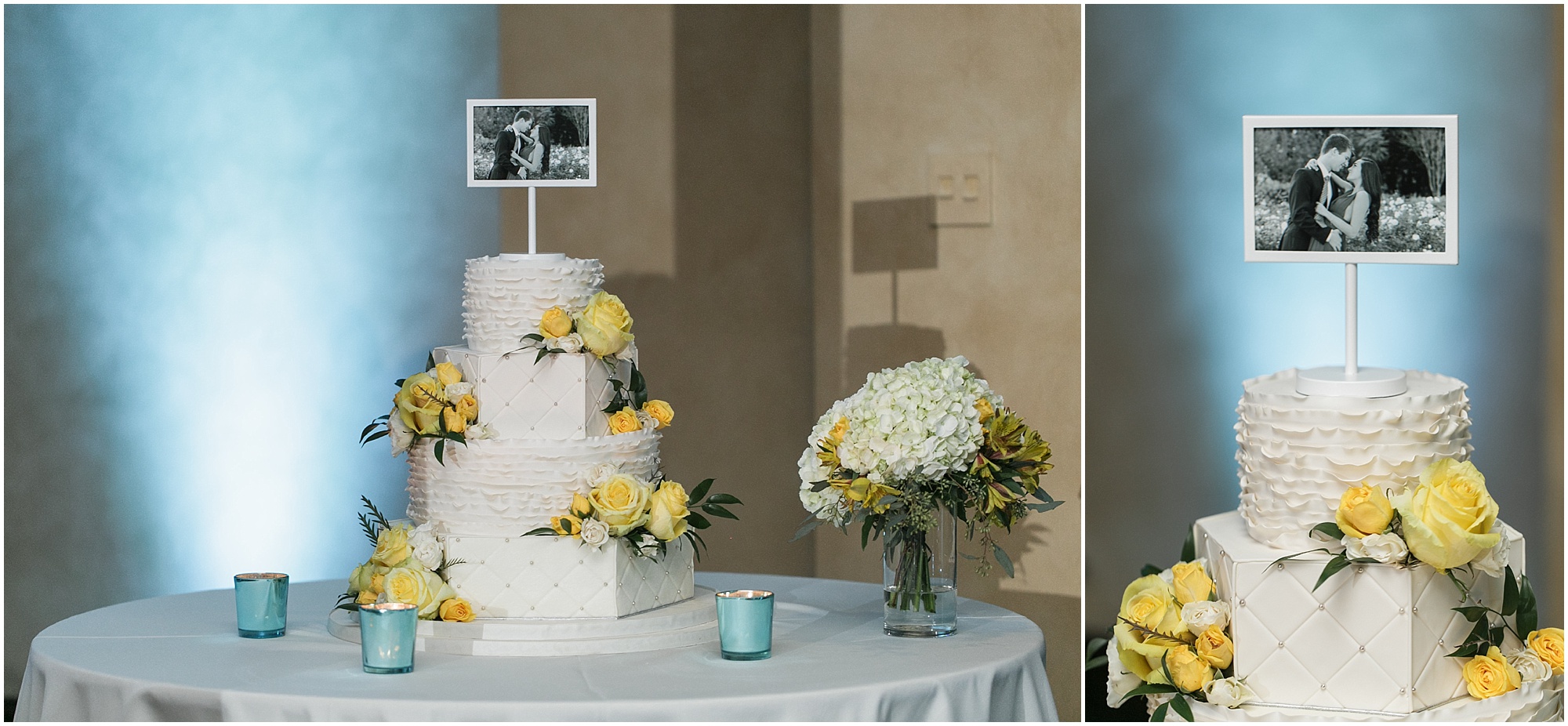 White wedding cake decorated with yellow flowers. 