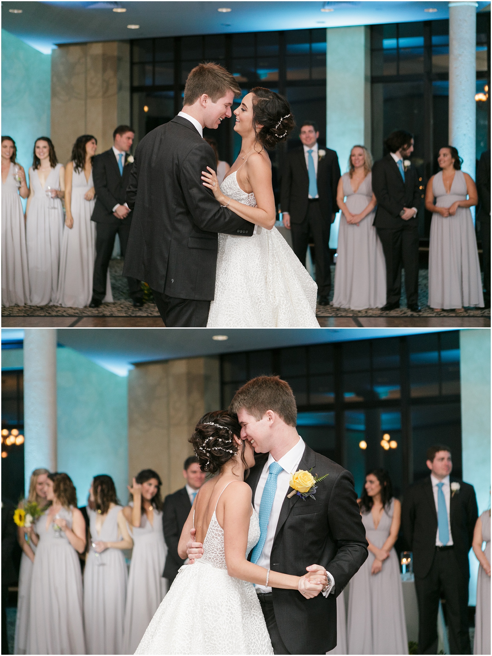 Bride and groom sharing their first dance together. 