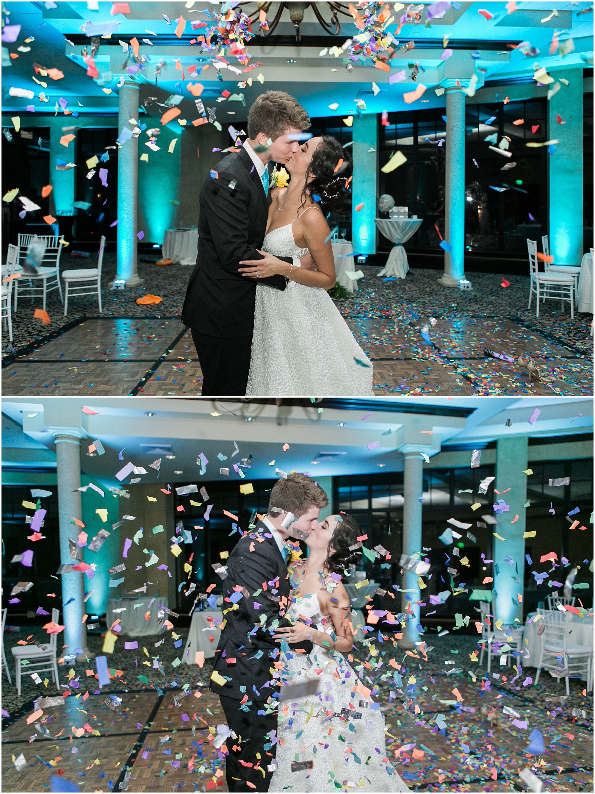 Bride and groom kissing while confetti rains down on them.