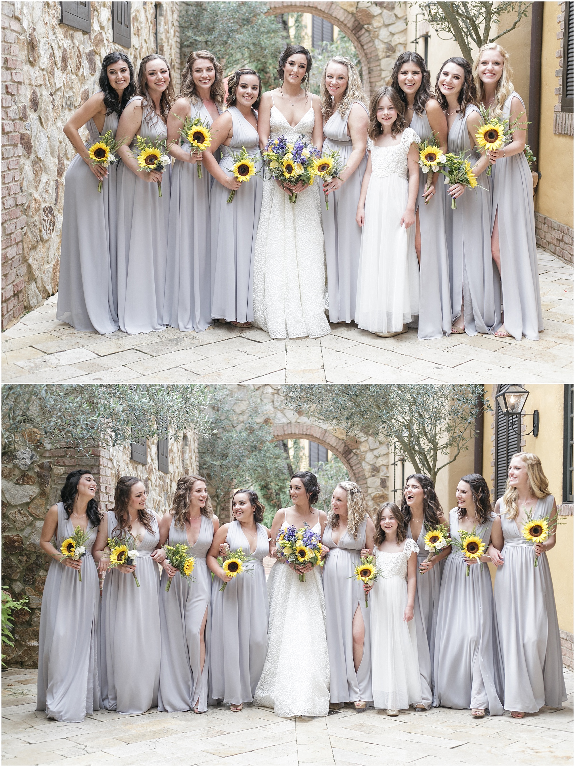 Bride standing with her bridesmaids holding sunflowers. 