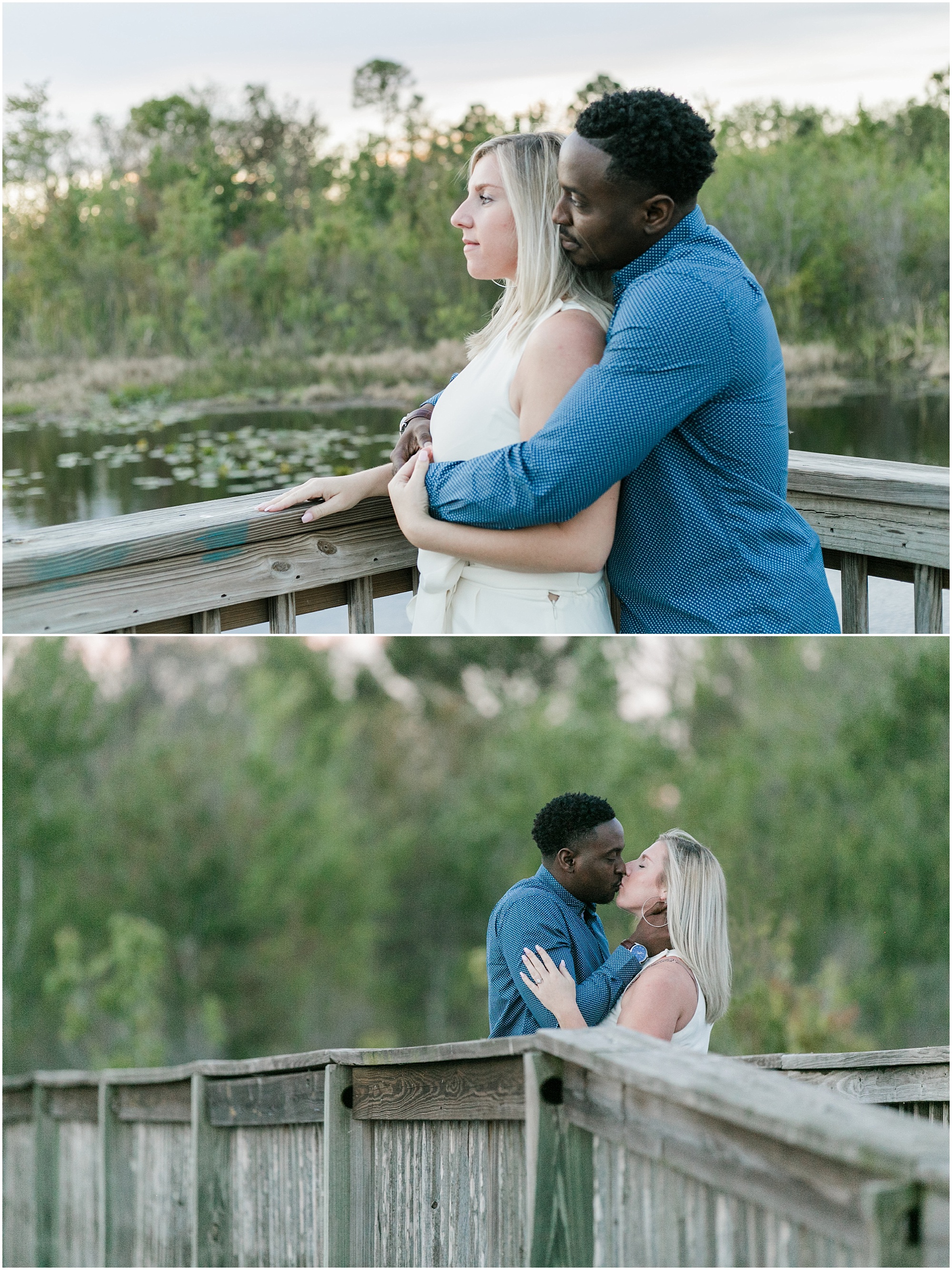 Lake Nona Engagement couple on a wooden dock snuggling and kissing.