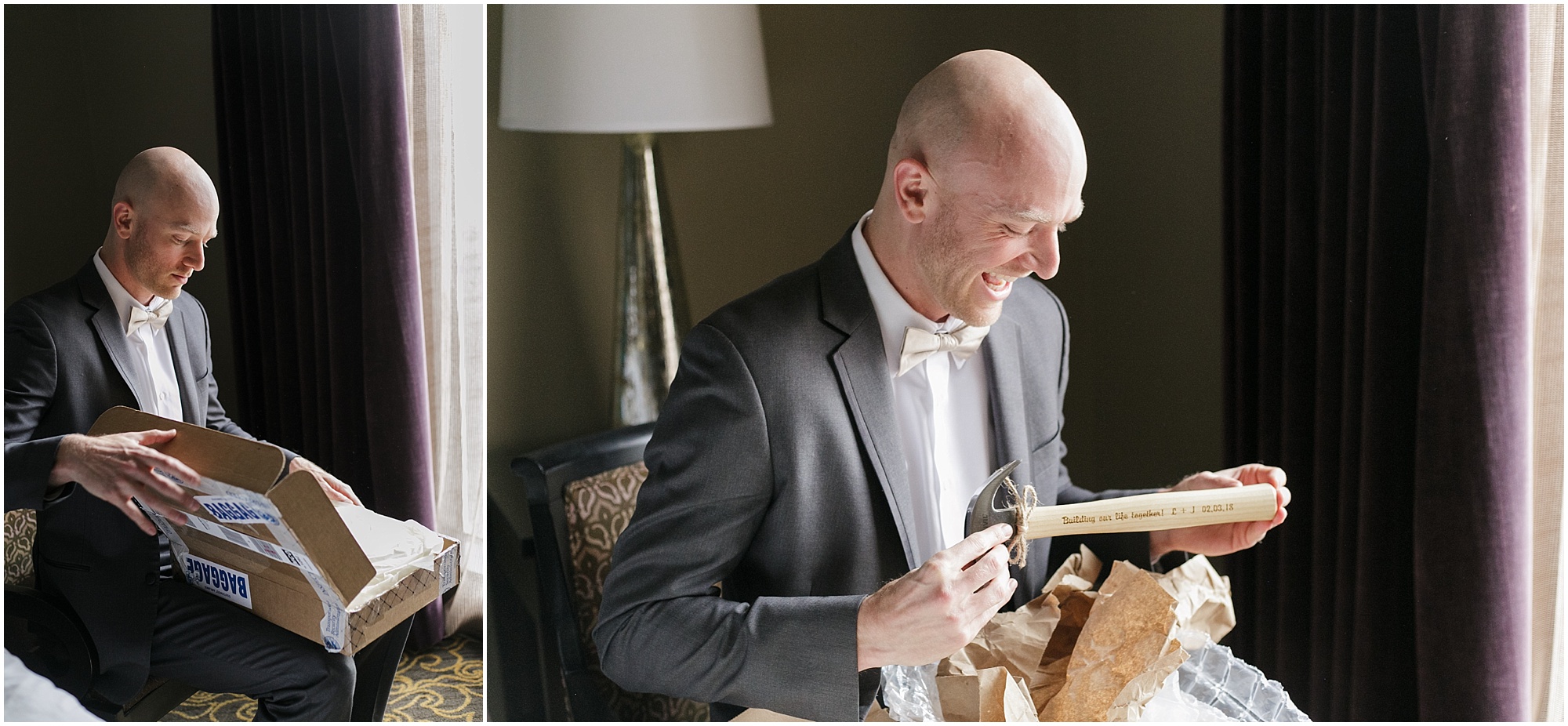 Groom opening up a gift from his bride before leaving to go to the wedding in downtown Orlando.