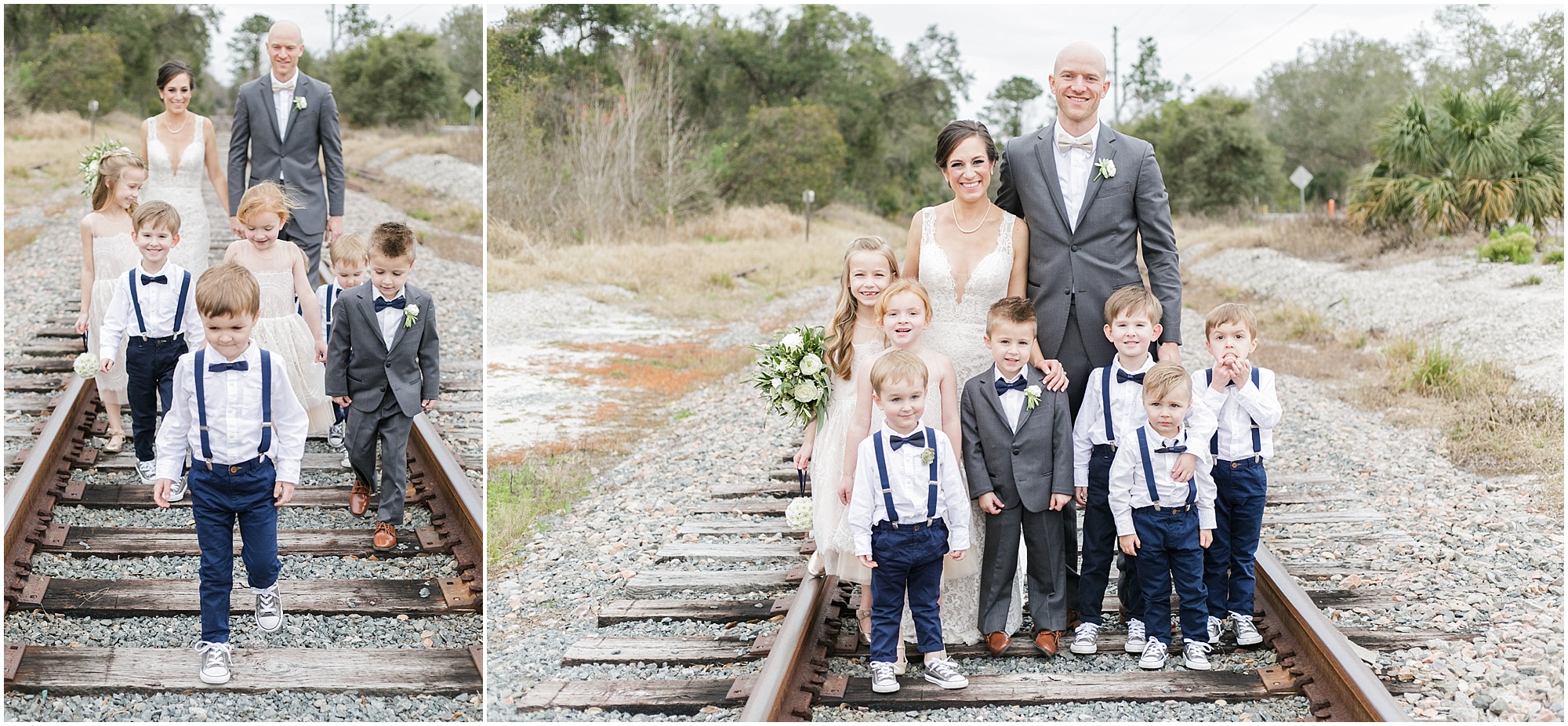 Bride and groom taking pictures with the kids in their wedding party on abandoned railroad tracks.