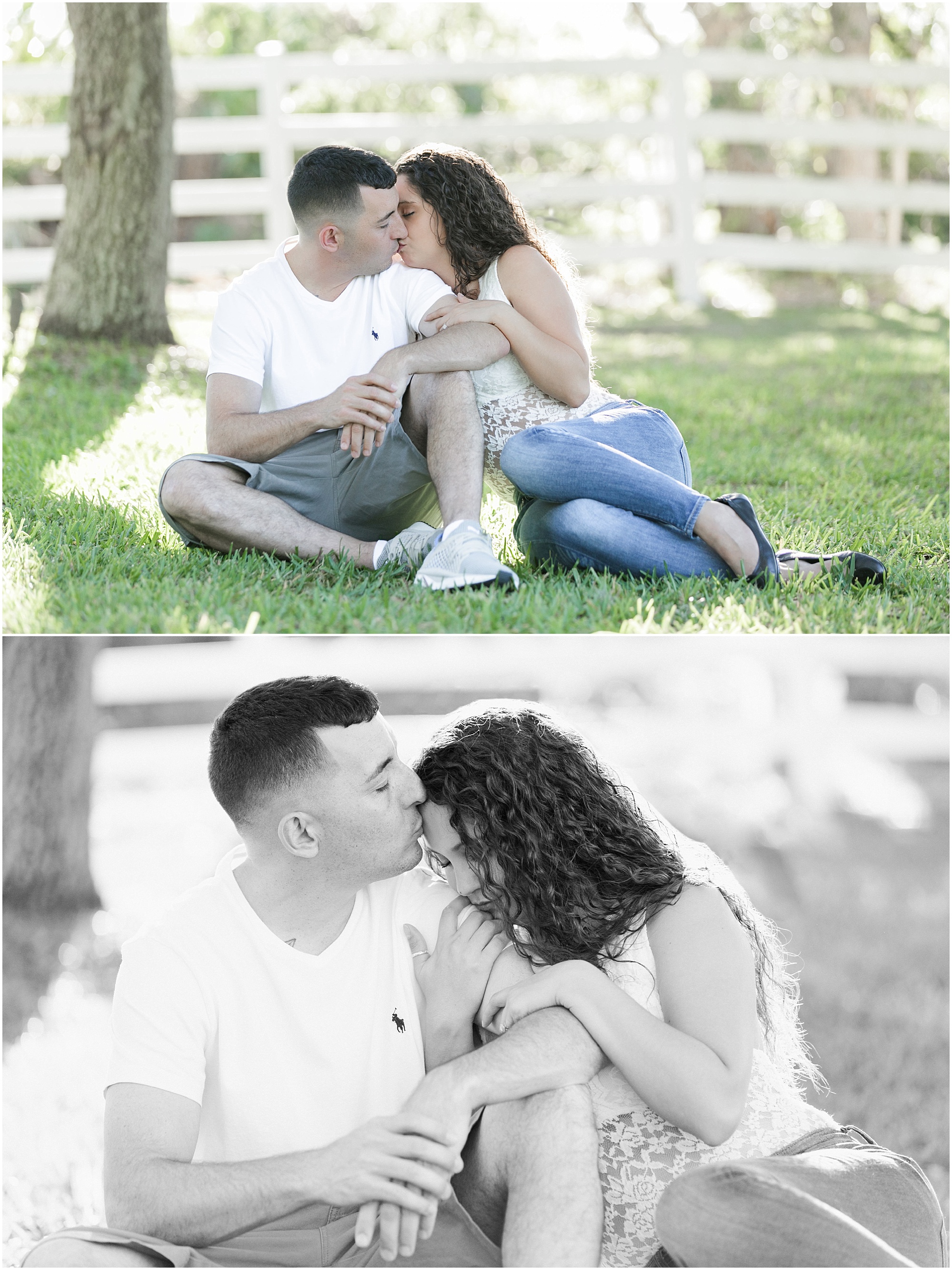 Guy and girl kissing and snuggling while sitting in the grass under the shade of trees. 