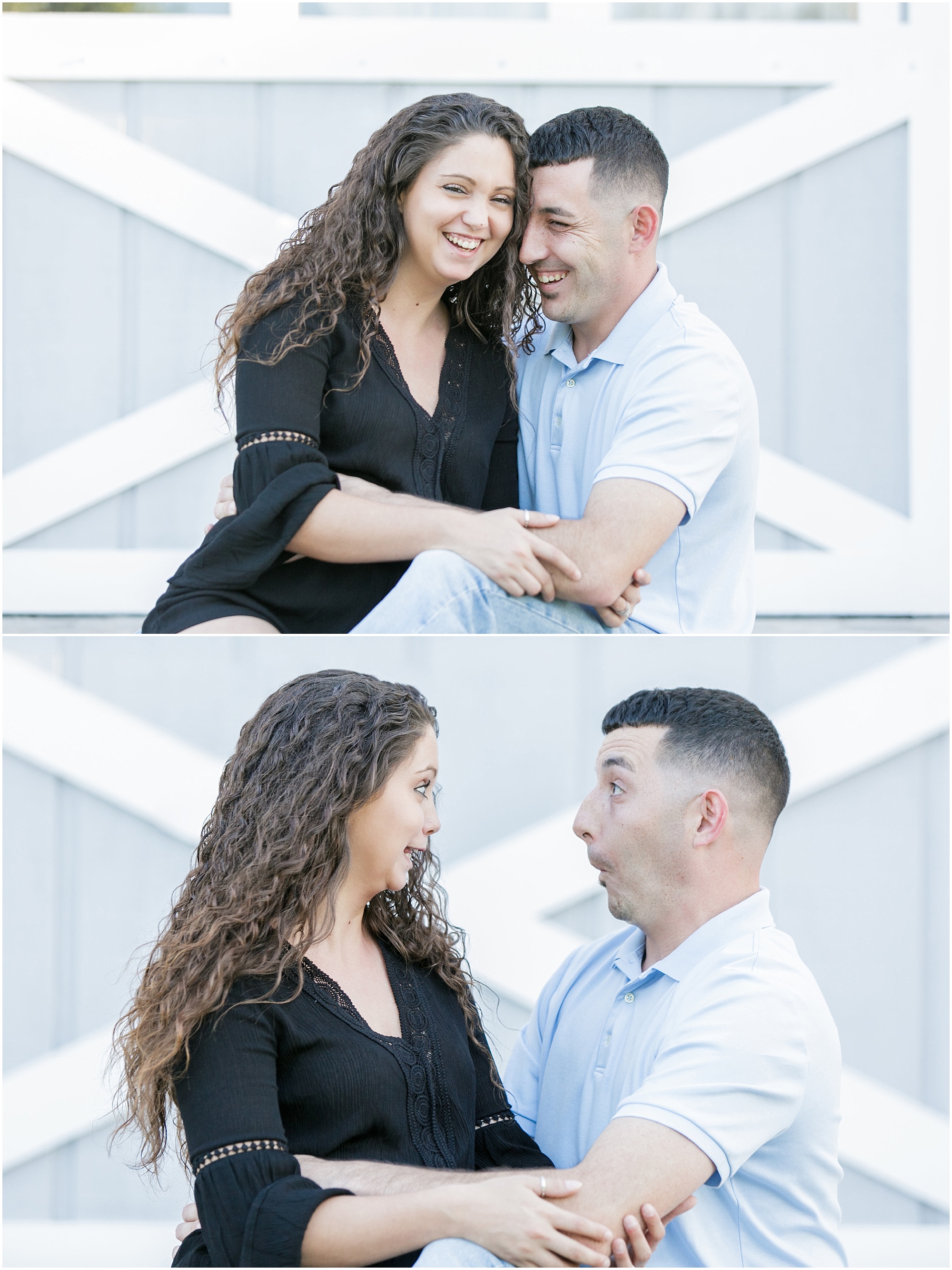 Couple laughing and making funny faces at each other.