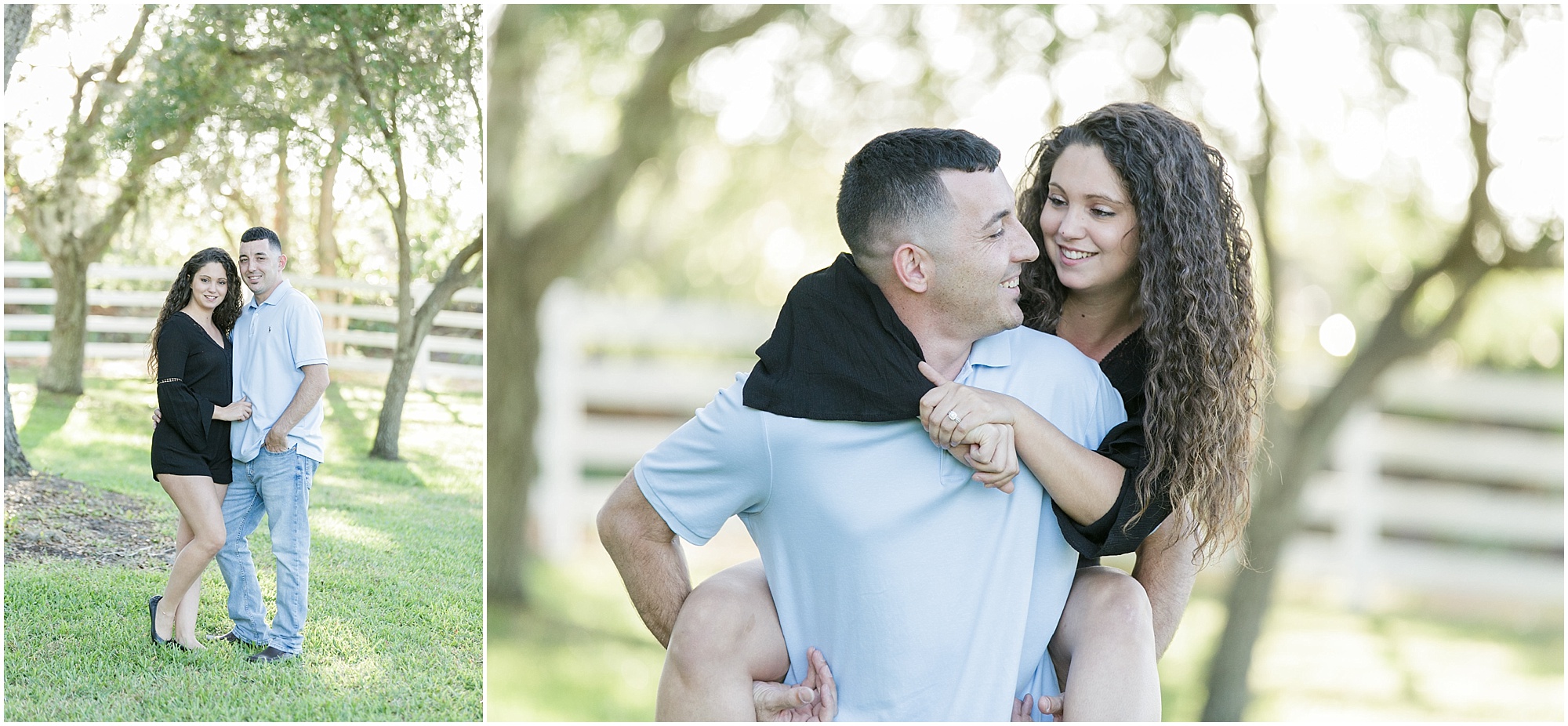 Couple posing for engagement session photos at Up the Creek Farms.