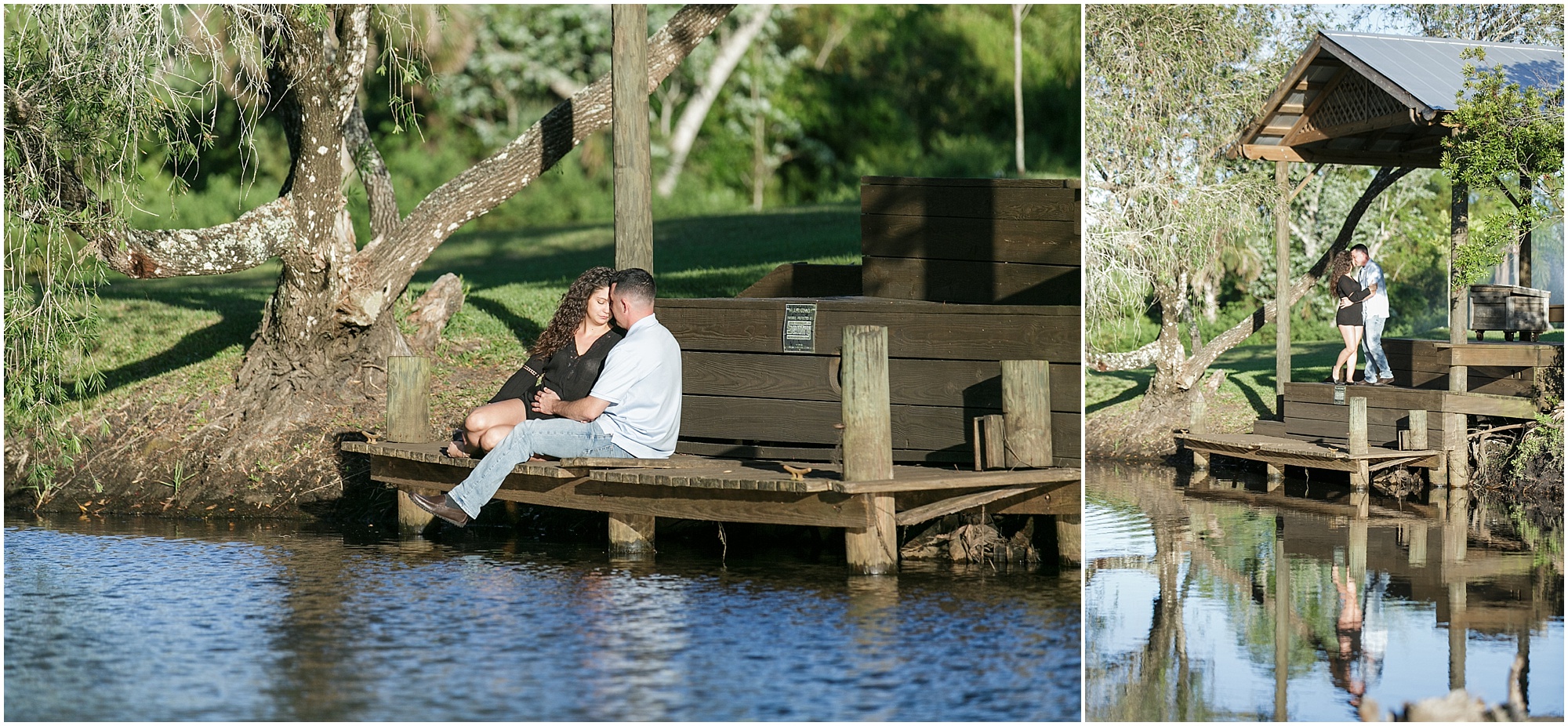 Engaged couple taking photos on a boat dock.