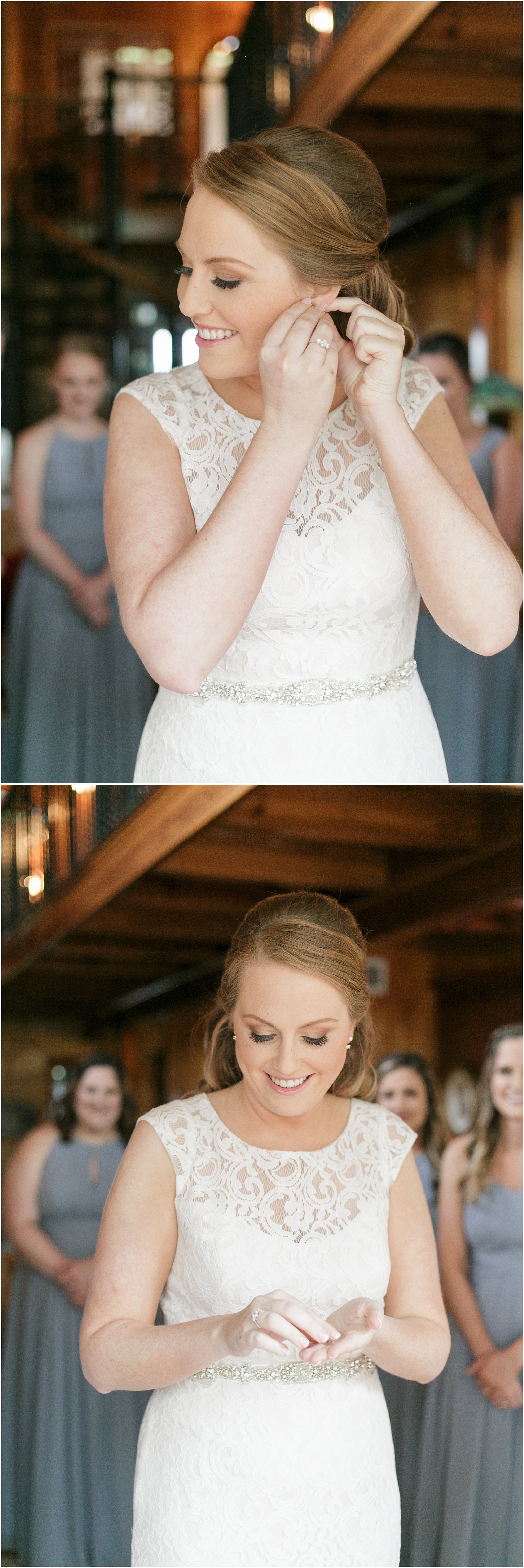 Bride putting on her left earring and other accessories. 