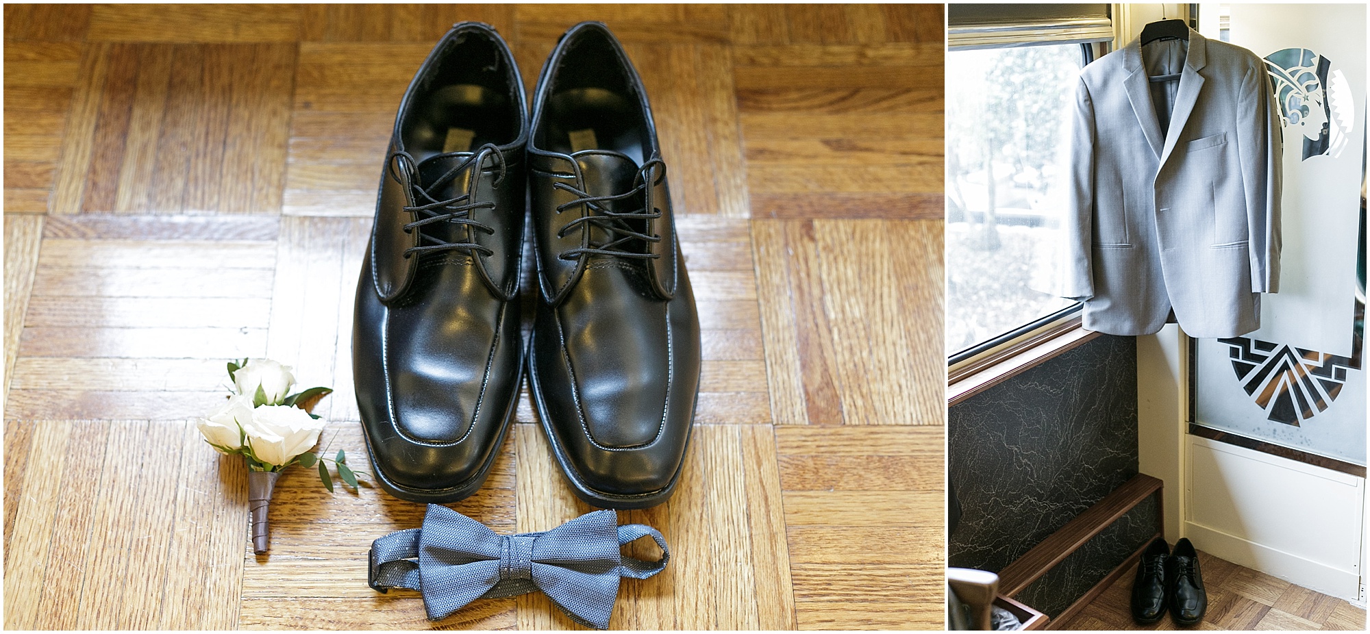 Photo of the grooms black shoes, gray jacket, blue bowtie and white rose boutonnière.