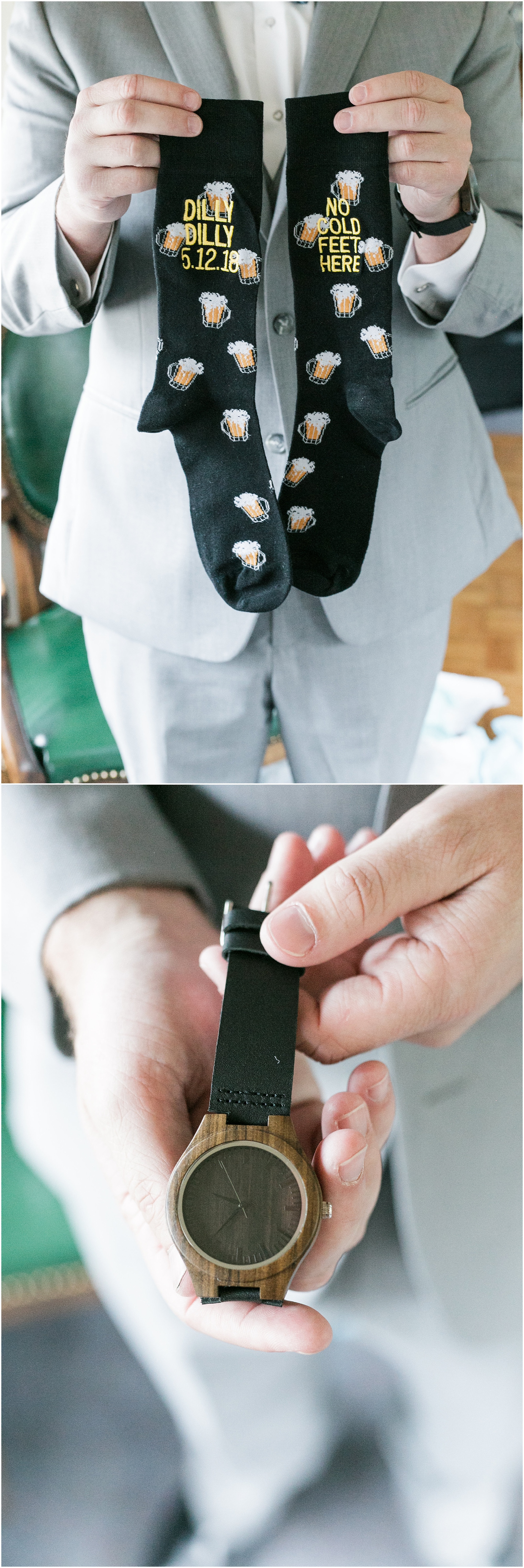Groom showing off socks and a watch given to him for a wedding gift.