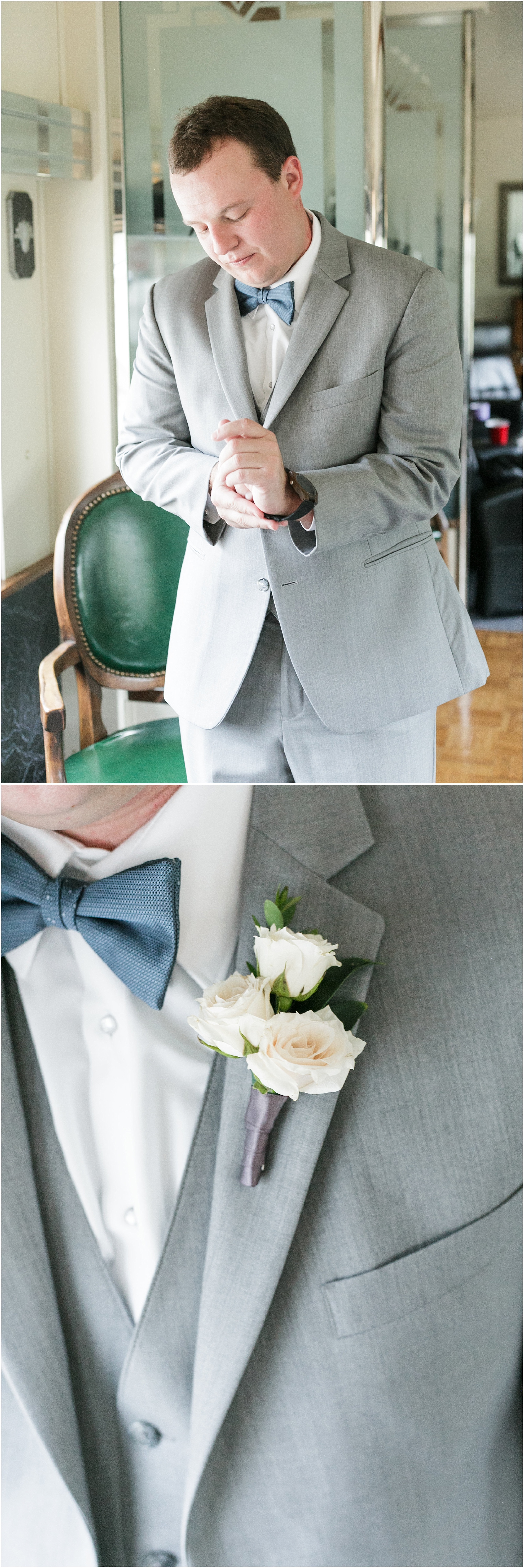 Groom putting on a new watch his bride gave him for their wedding day and showing his white rose boutonnière on his jacket.