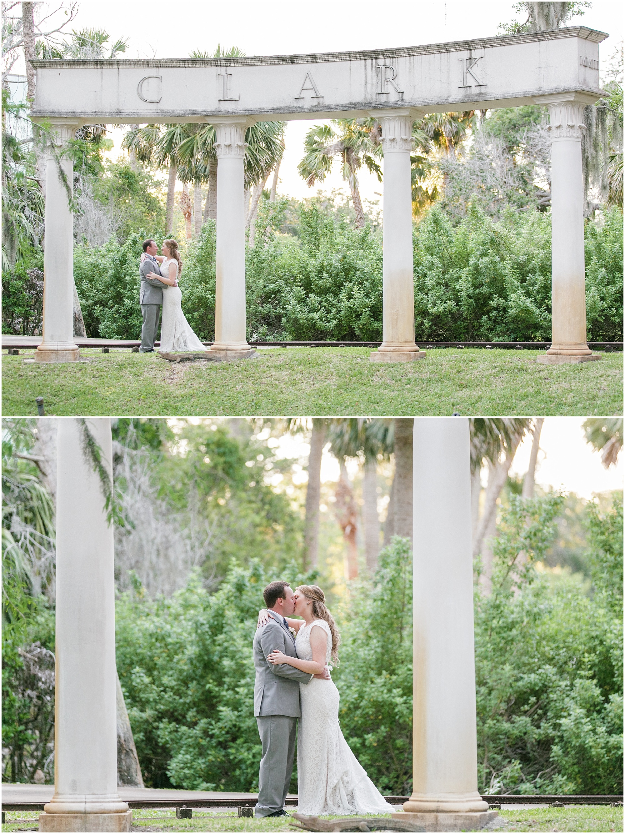 Bride and groom standing in front of old column structure.