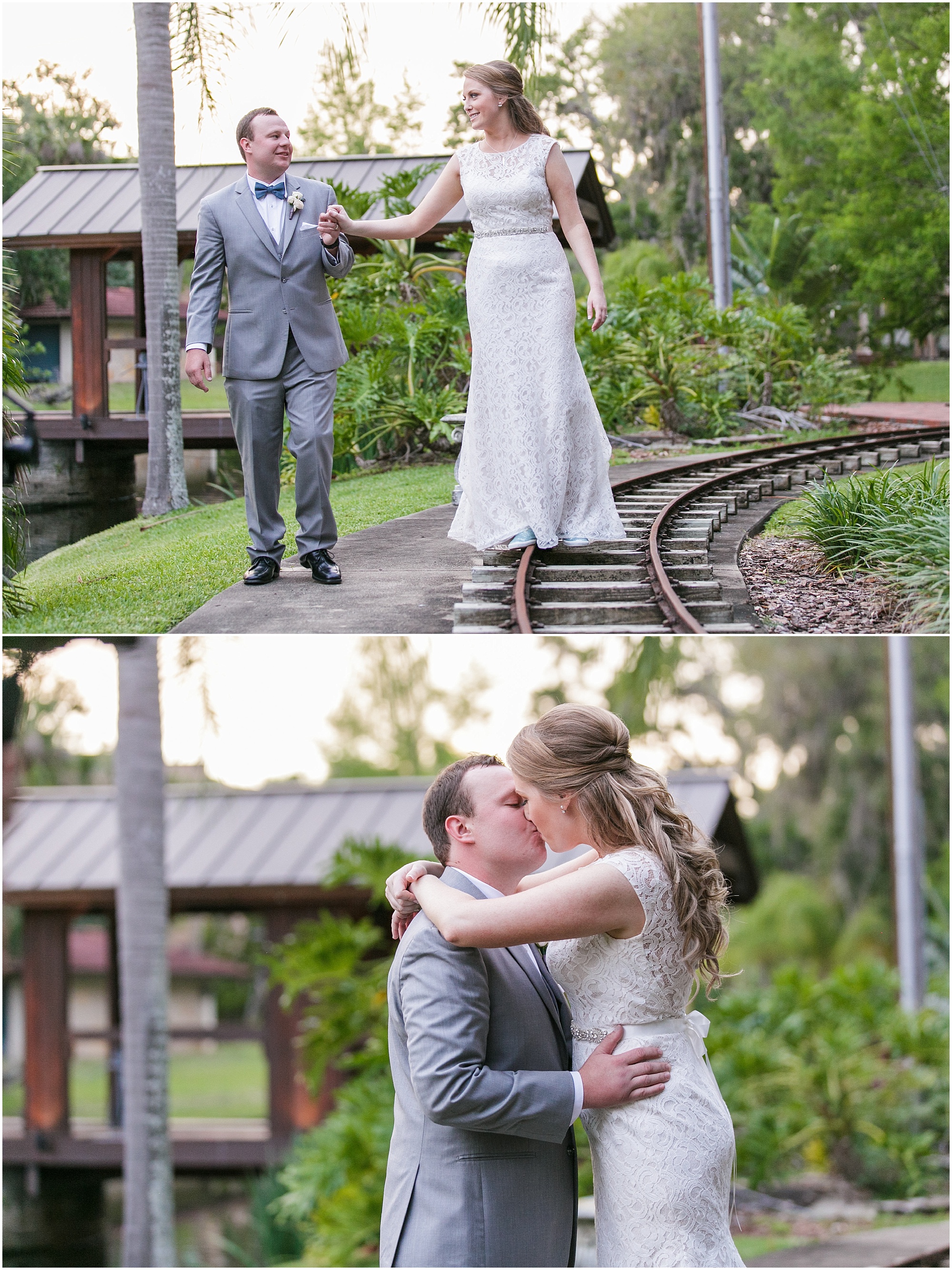 Groom holding his brides hand while she walks on railroad tracks and then he kisses her.