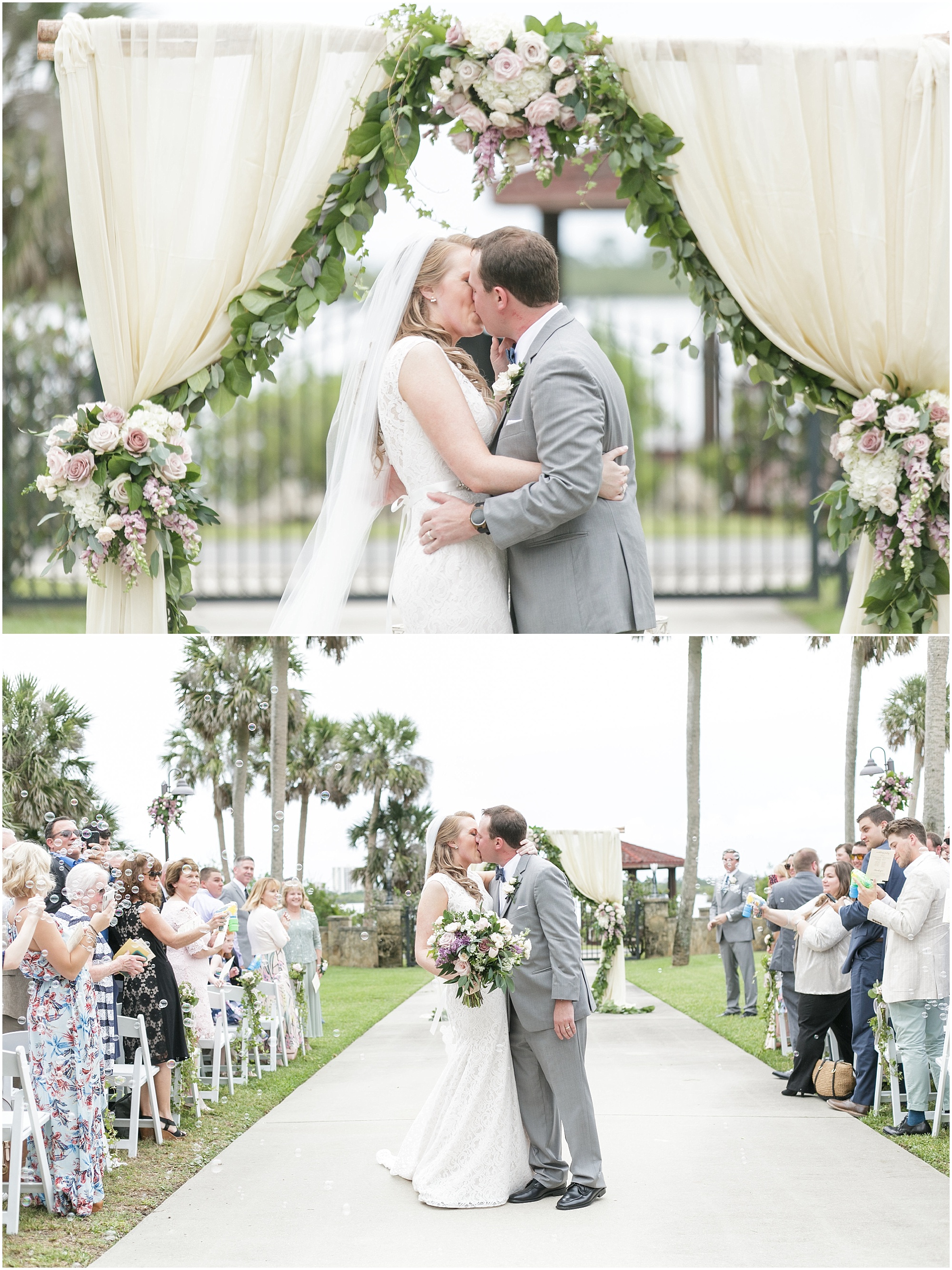 Just married couple share their first kiss of their marriage.