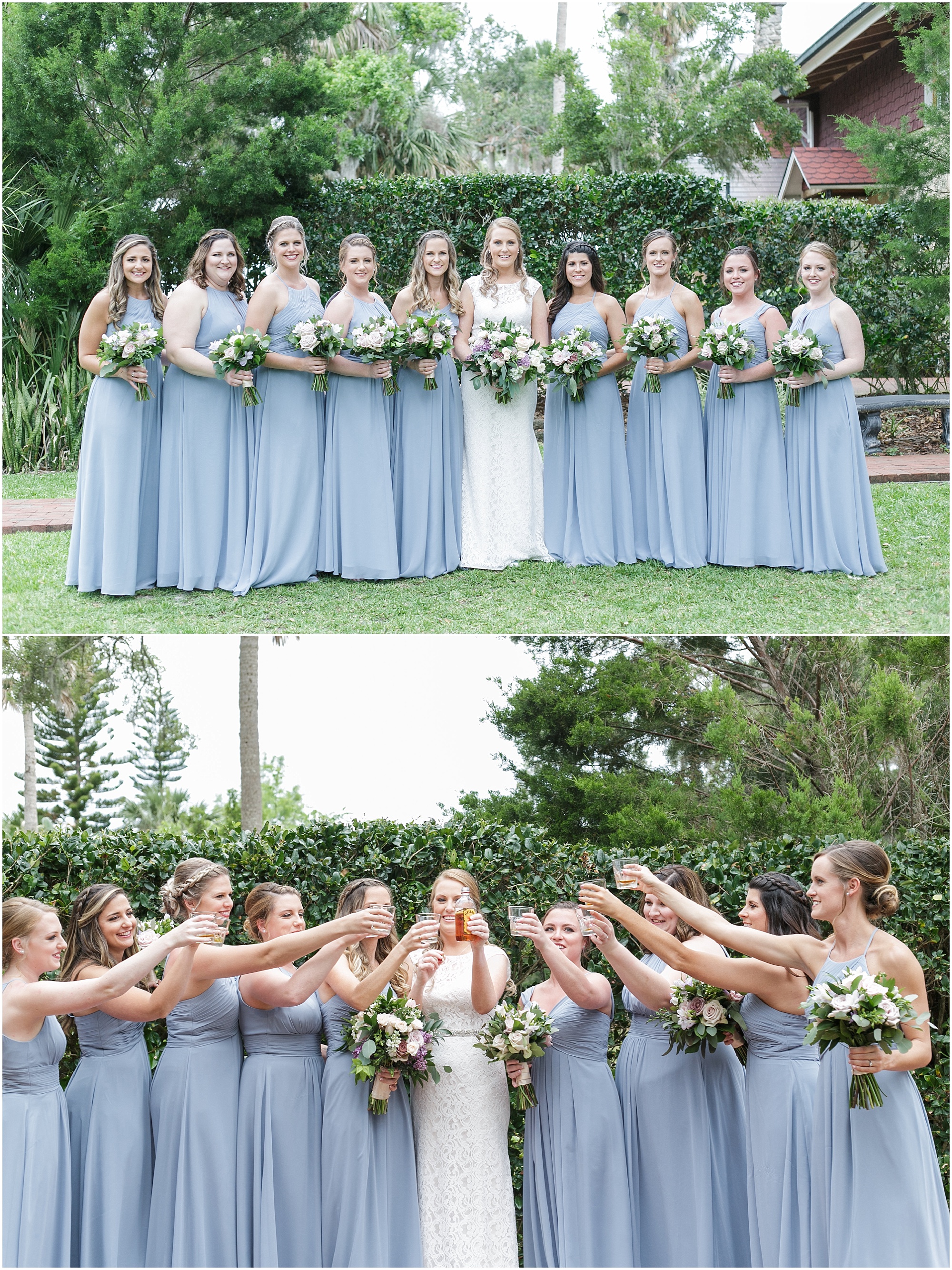 Bride posing with her bridesmaids and doing a toast.