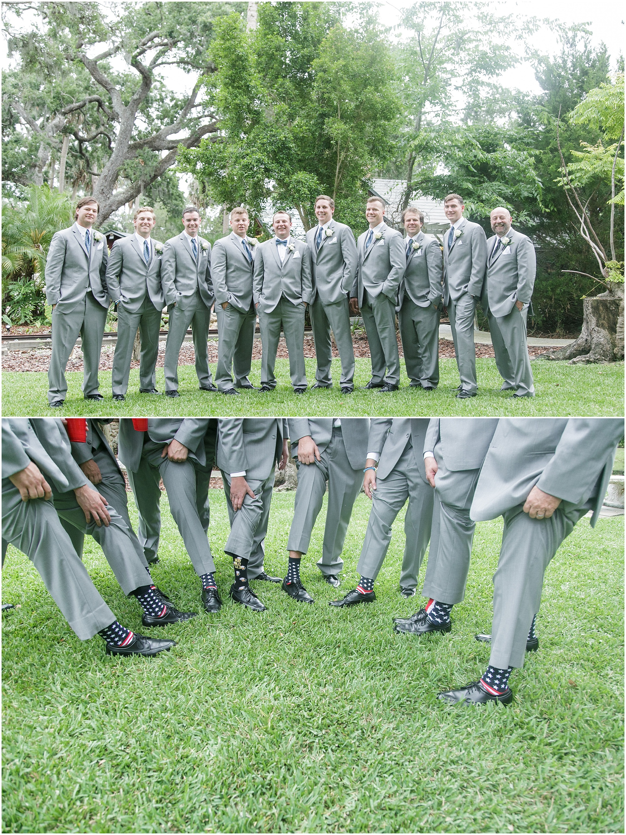 Groom posing with his groomsmen while they show off their matching socks. 