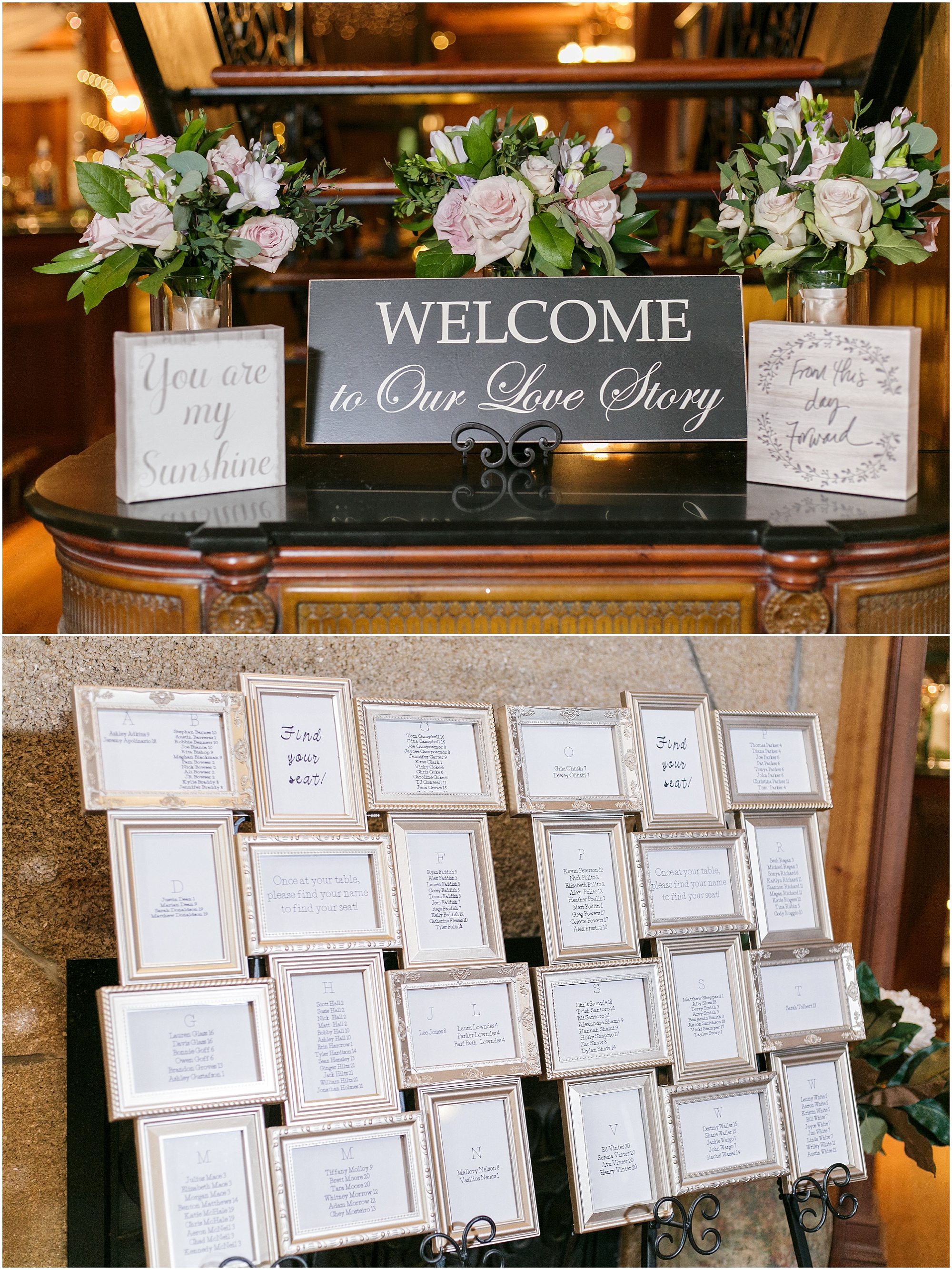 Welcome sign and table seating chart made of different picture frames.