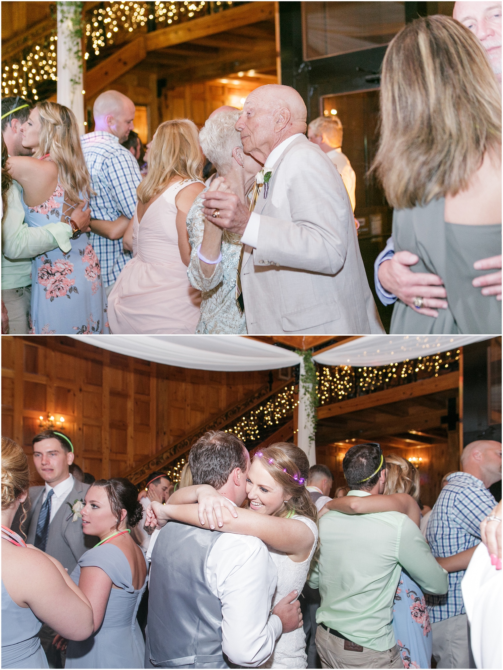 Older couple and the newlywed couple slow dancing at wedding.