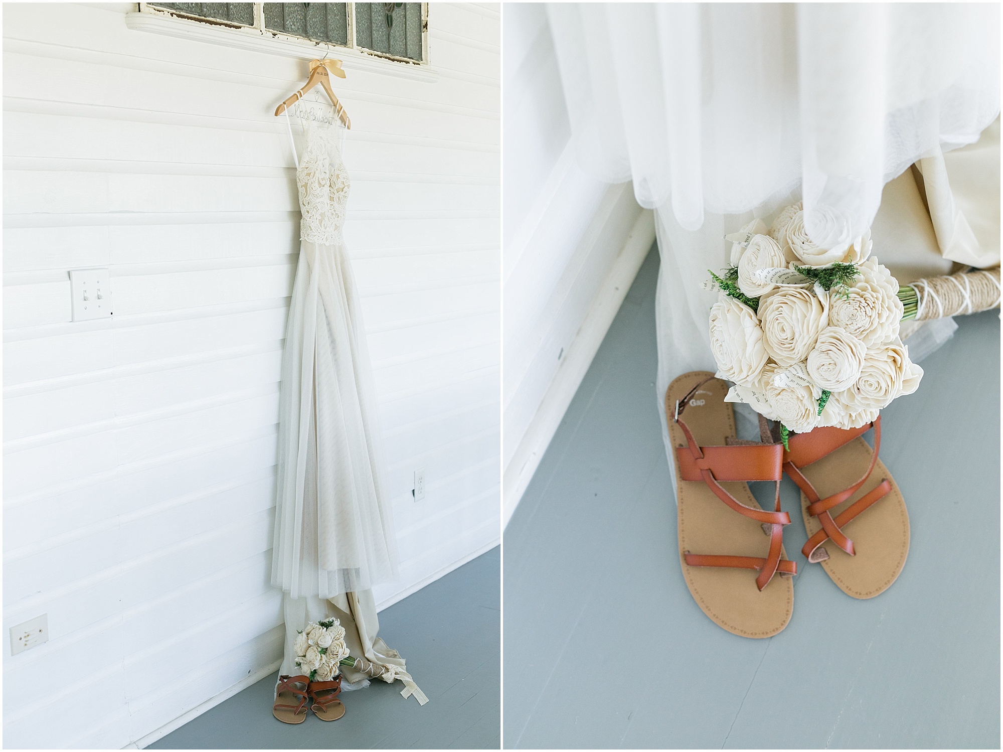 Wedding dress hanging on a window with shoes placed underneath