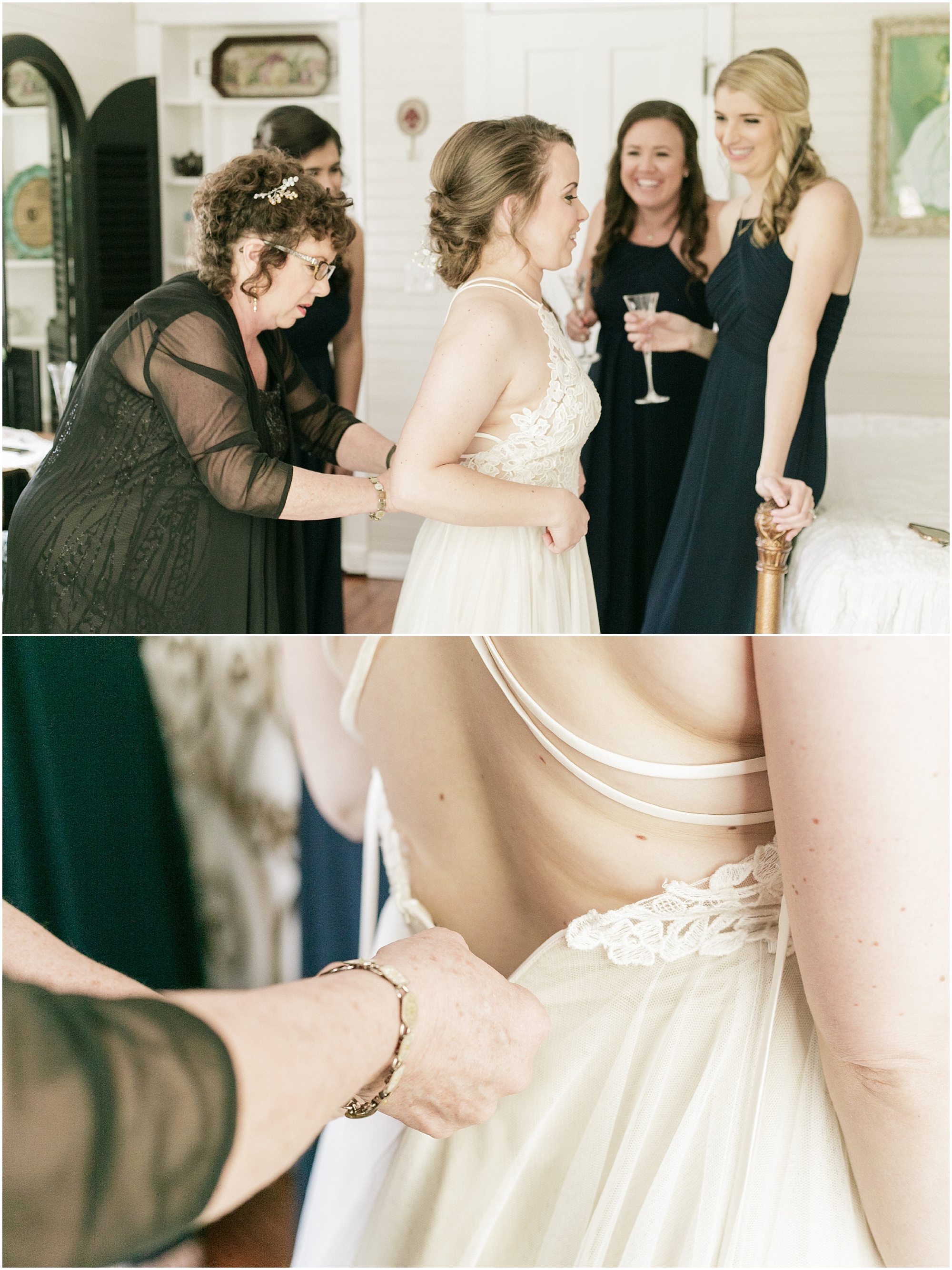 Bridal party helping the bride zip up her dress