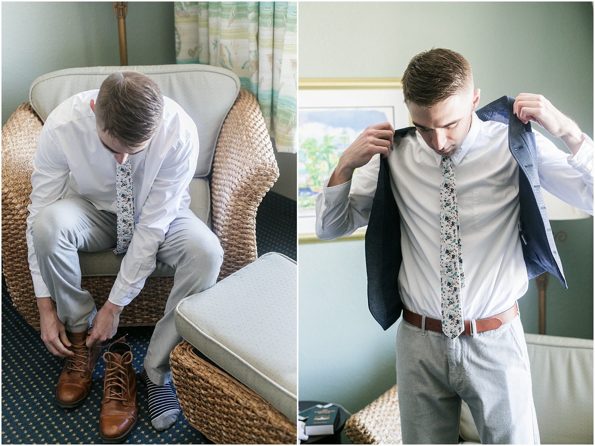 Groom putting on his shoes and vest.
