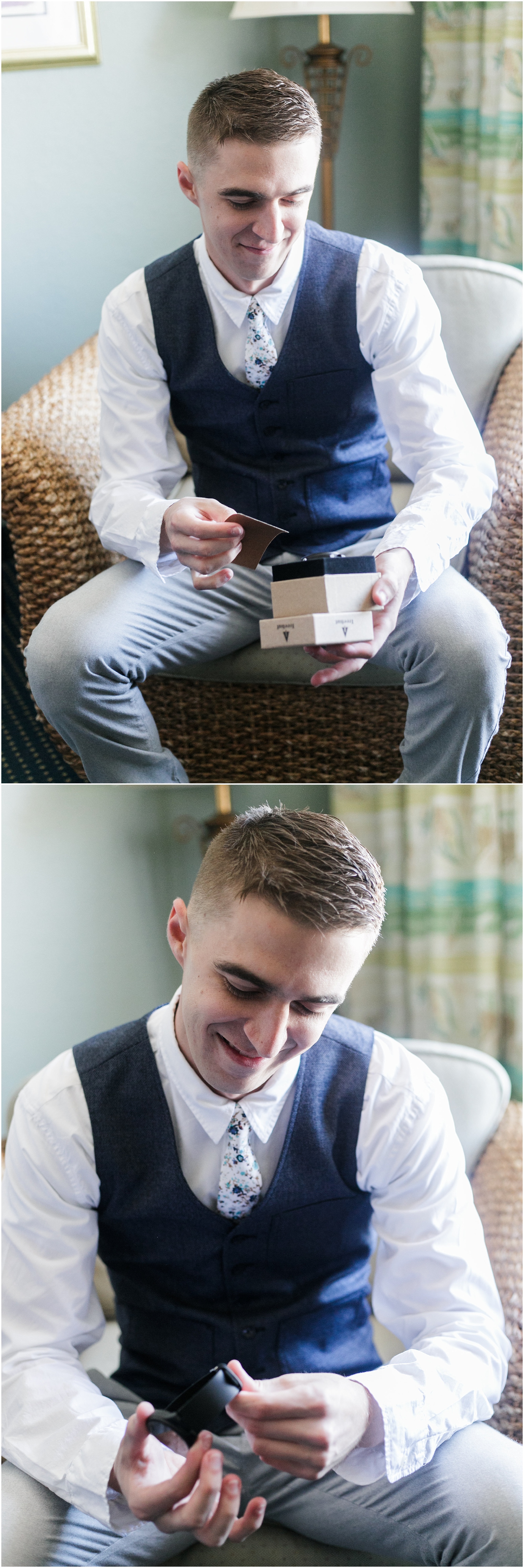 Groom opening a wedding gift from his bride. 