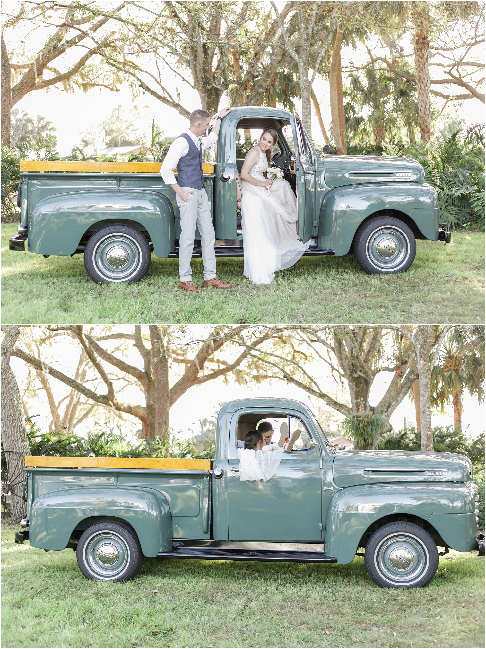 Bride and groom taking pictures next to a vintage Ford truck