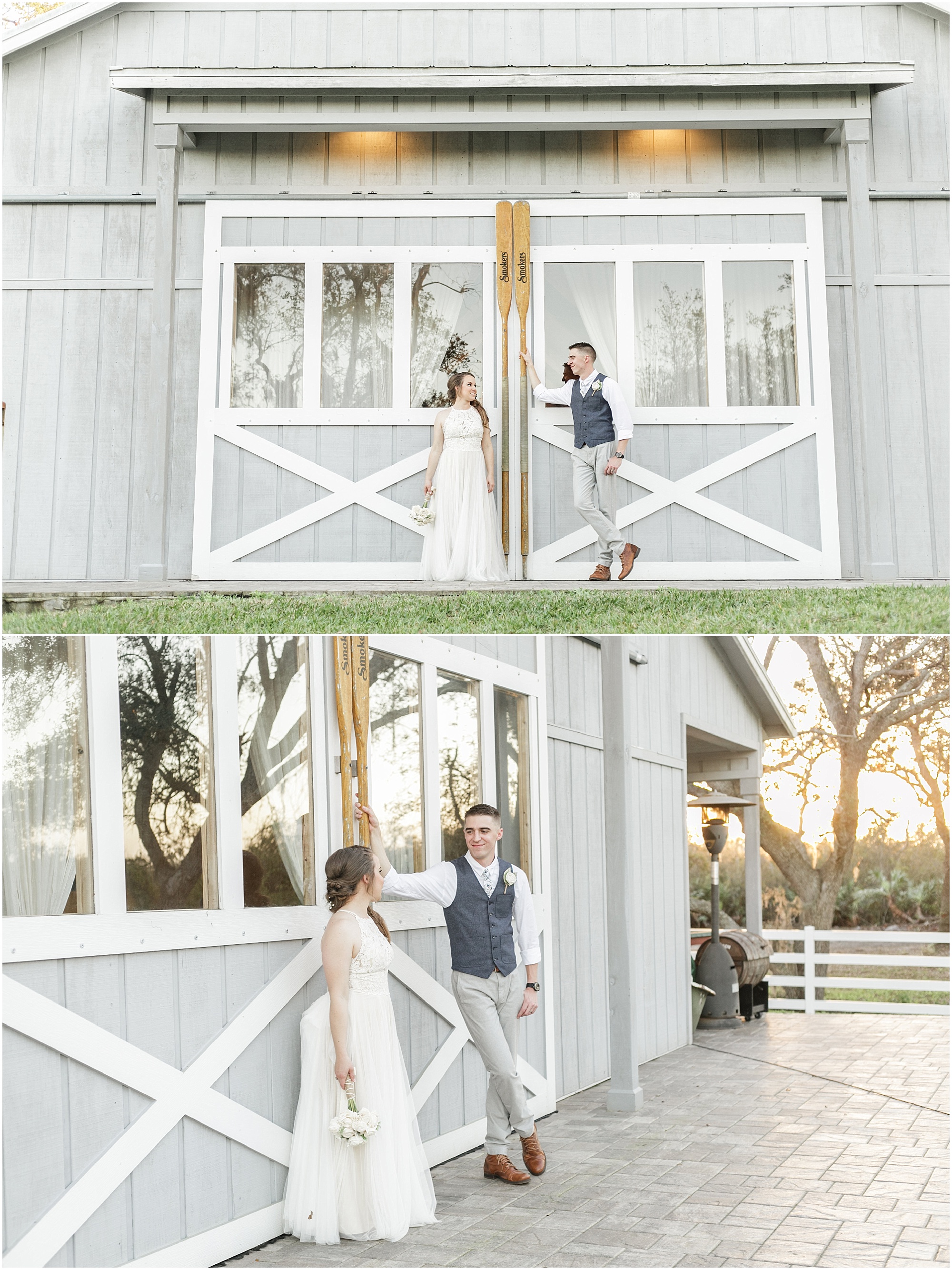 Bride and groom standing in front of boathouse doors at Up the Creek Farms