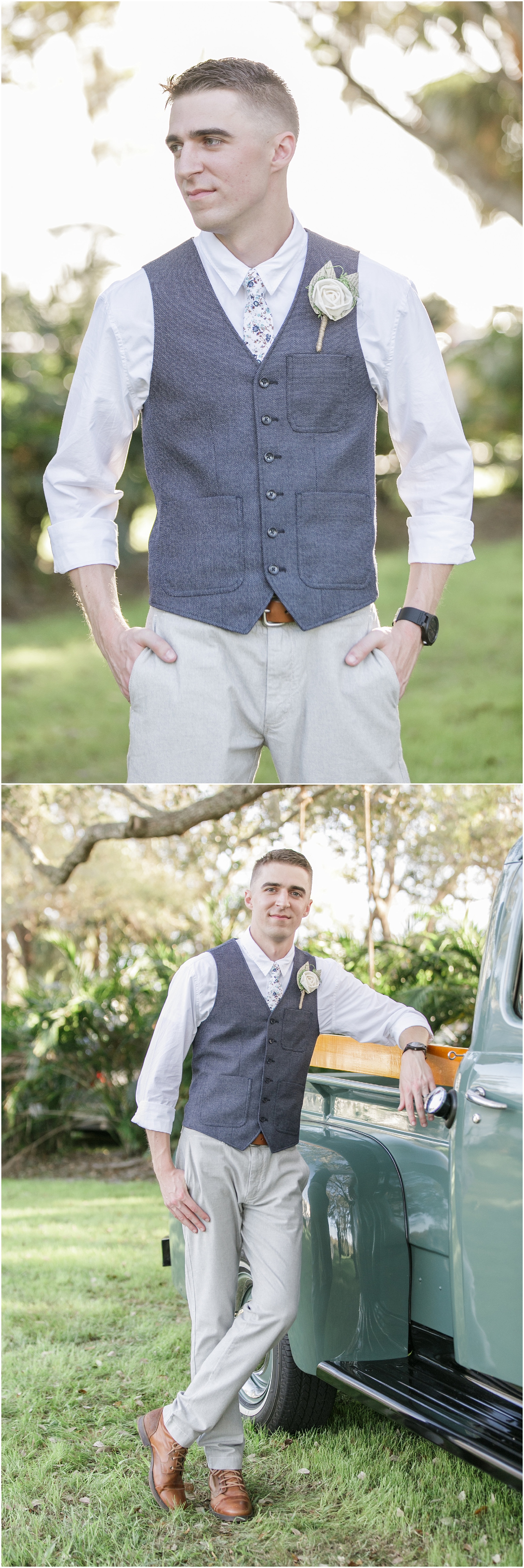 Portraits of the groom next to antique truck
