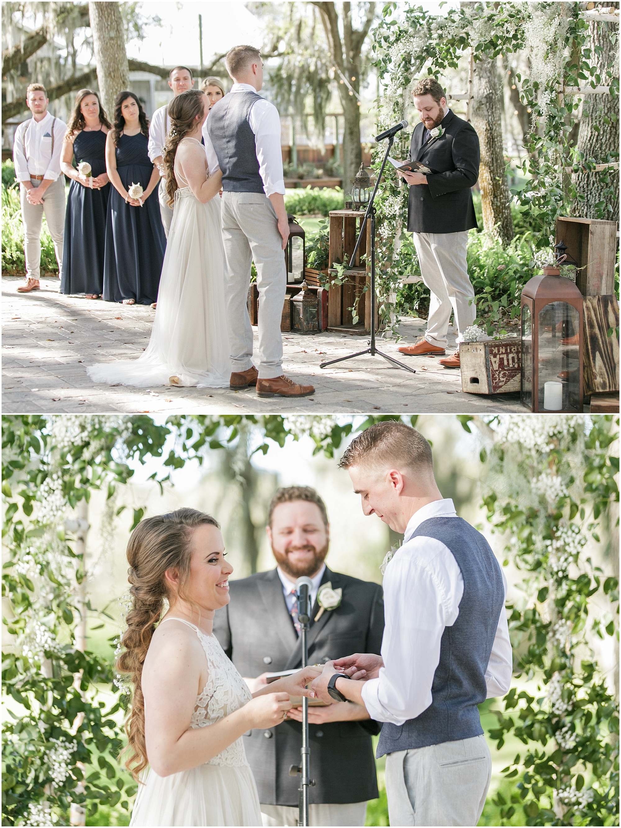 Couple saying their vows to each other at outdoor wedding.