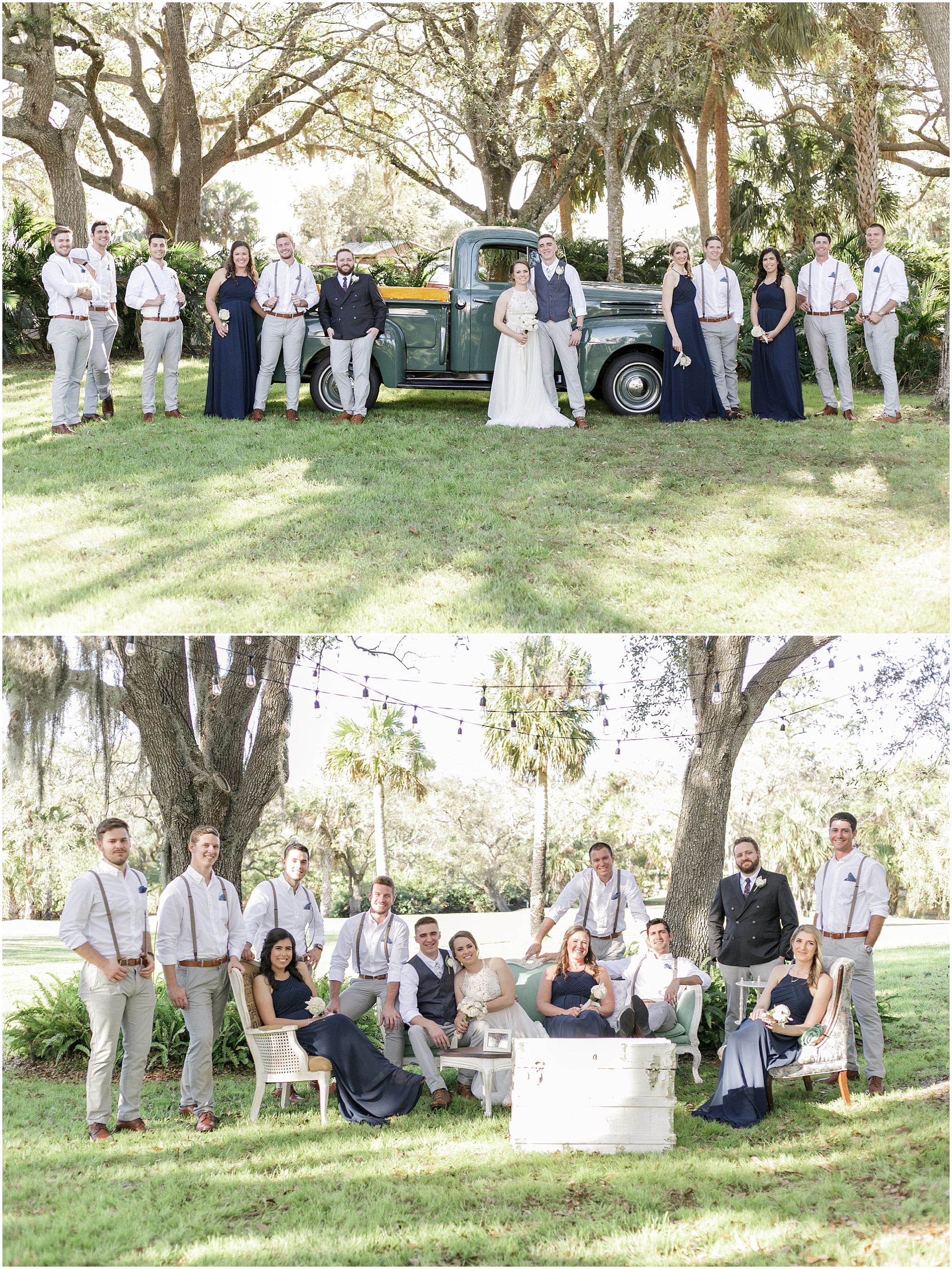 The entire wedding party posing around a vintage truck