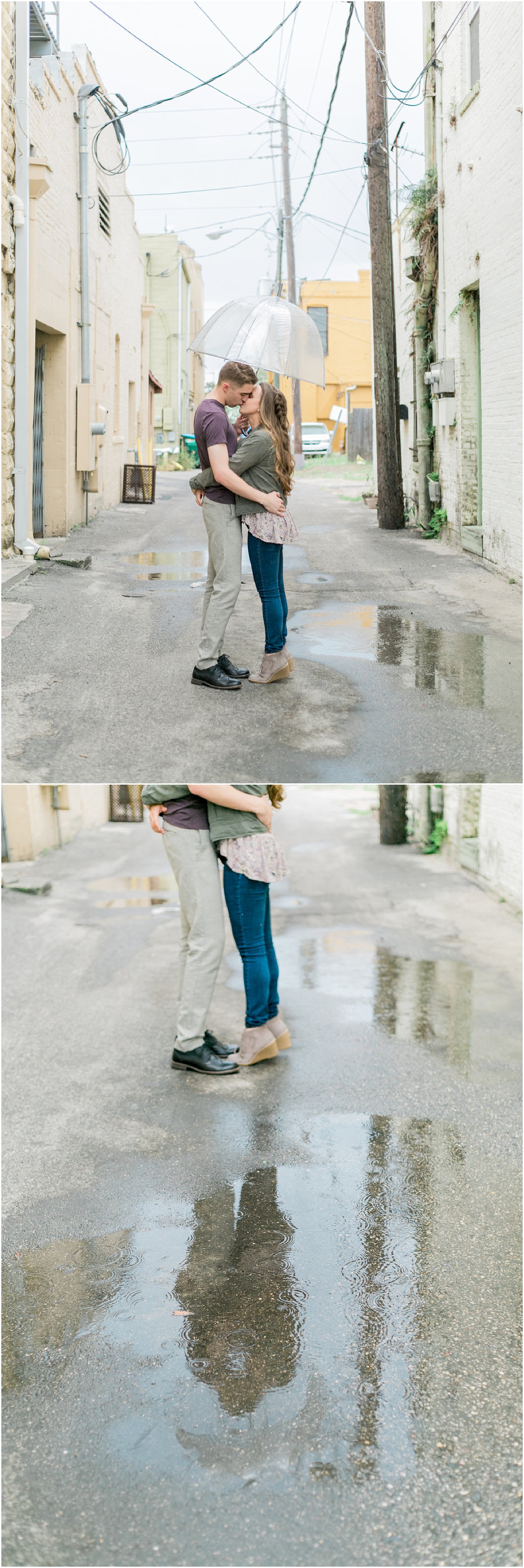 Engaged couple kissing in the middle of an alleyway.