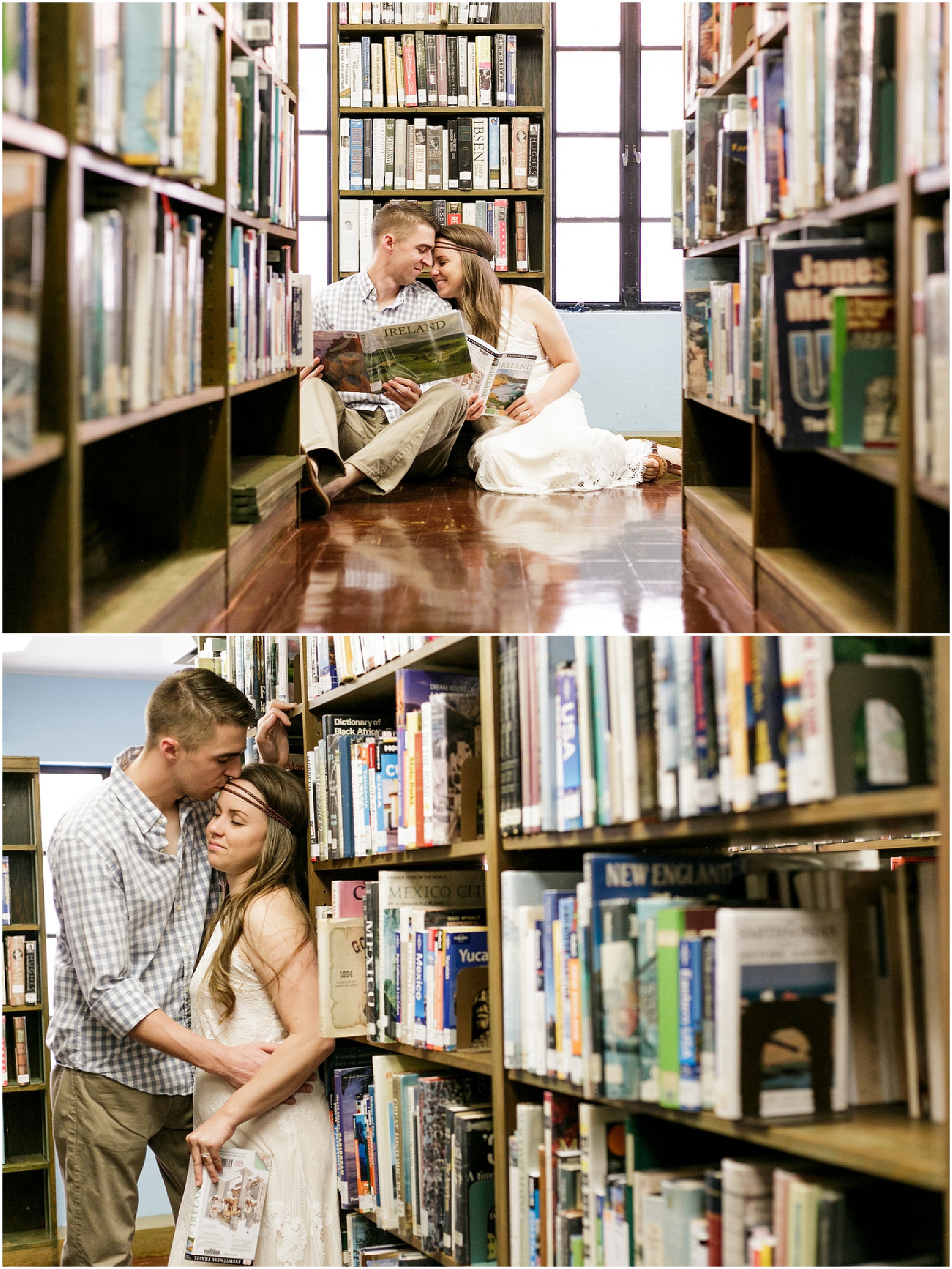 Engagement session couple enjoying reading books in a library.