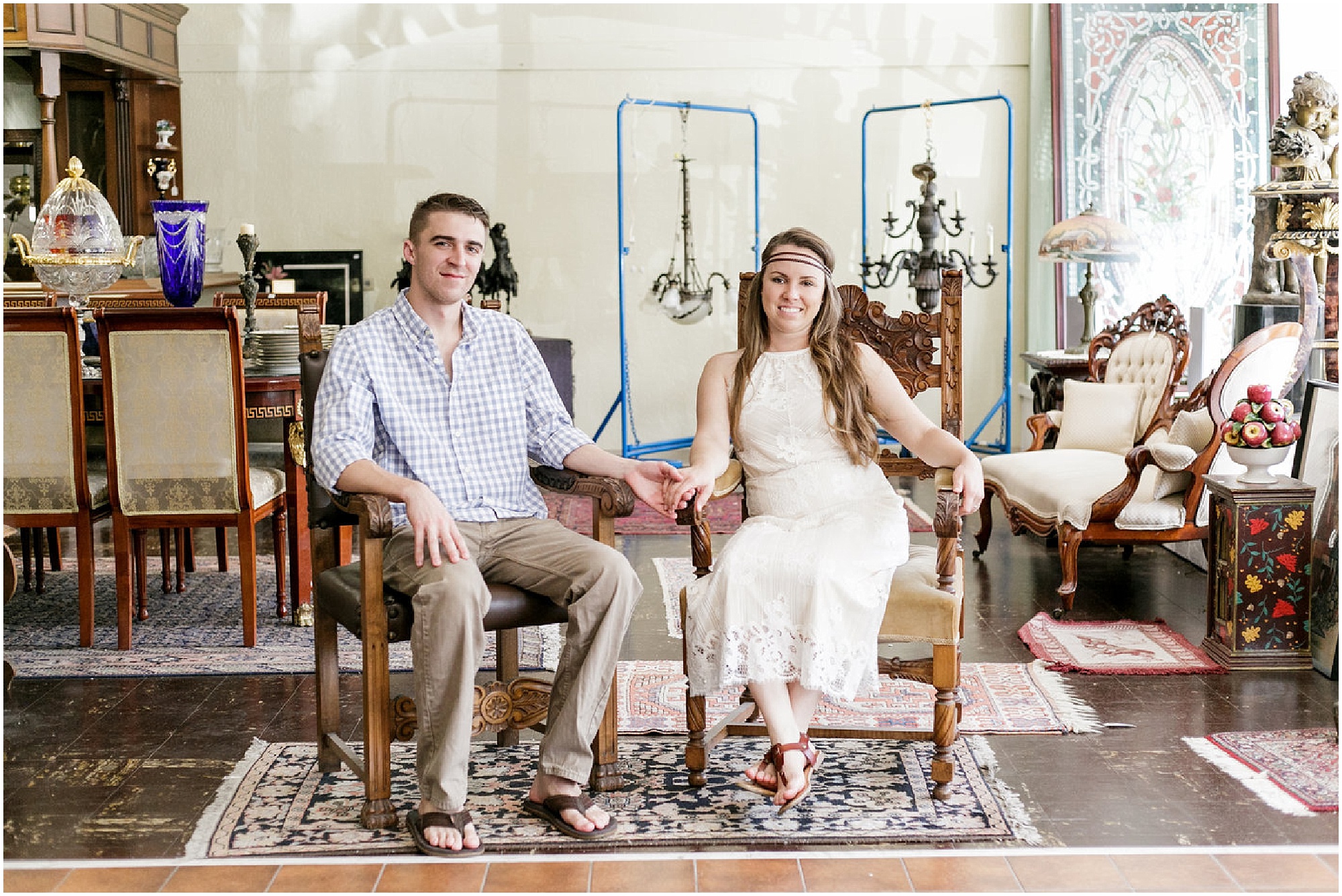 Couple sitting in an antique store. 