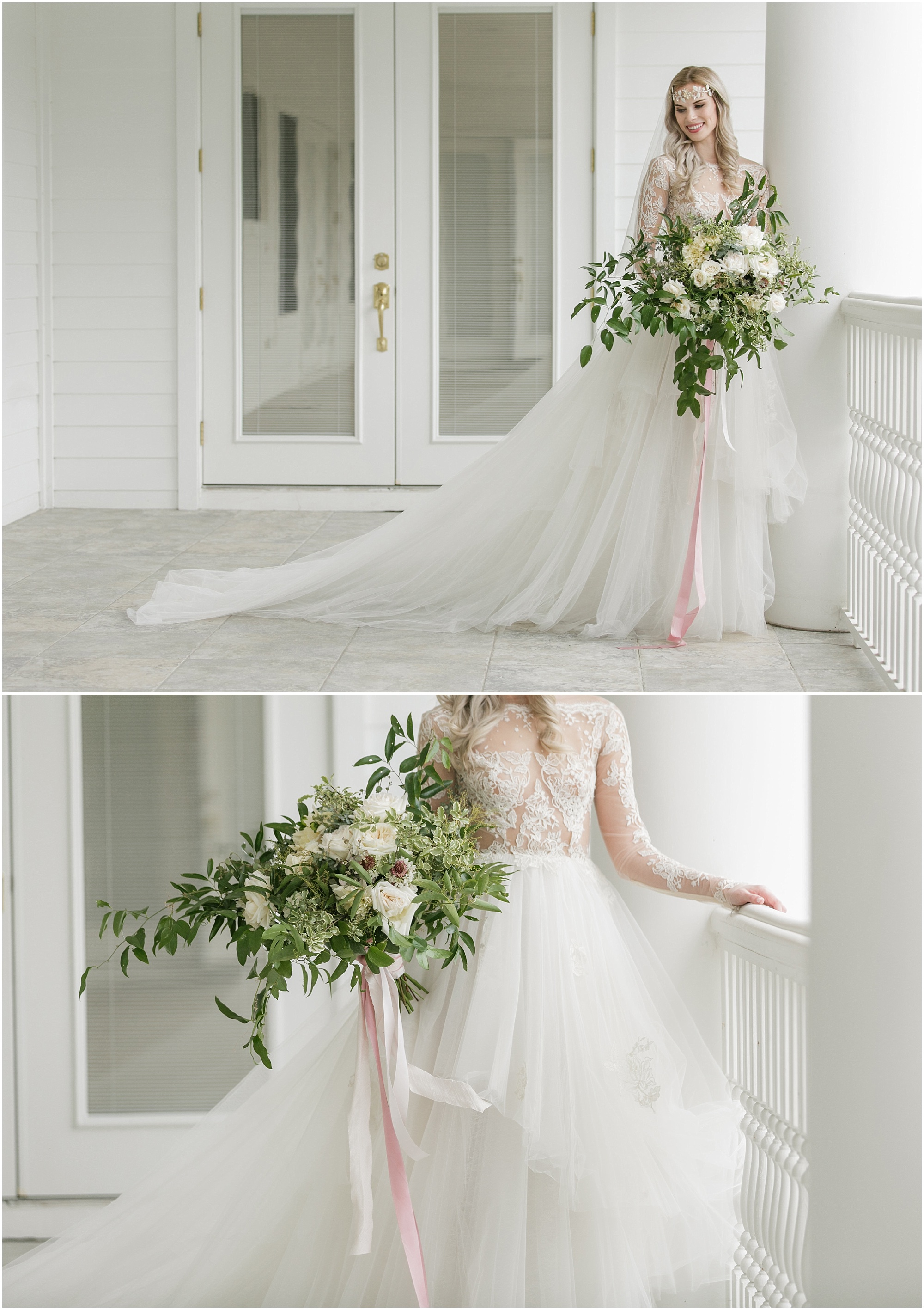 Bride on the balcony while holding her large bouquet of light colored flowers and greenery.