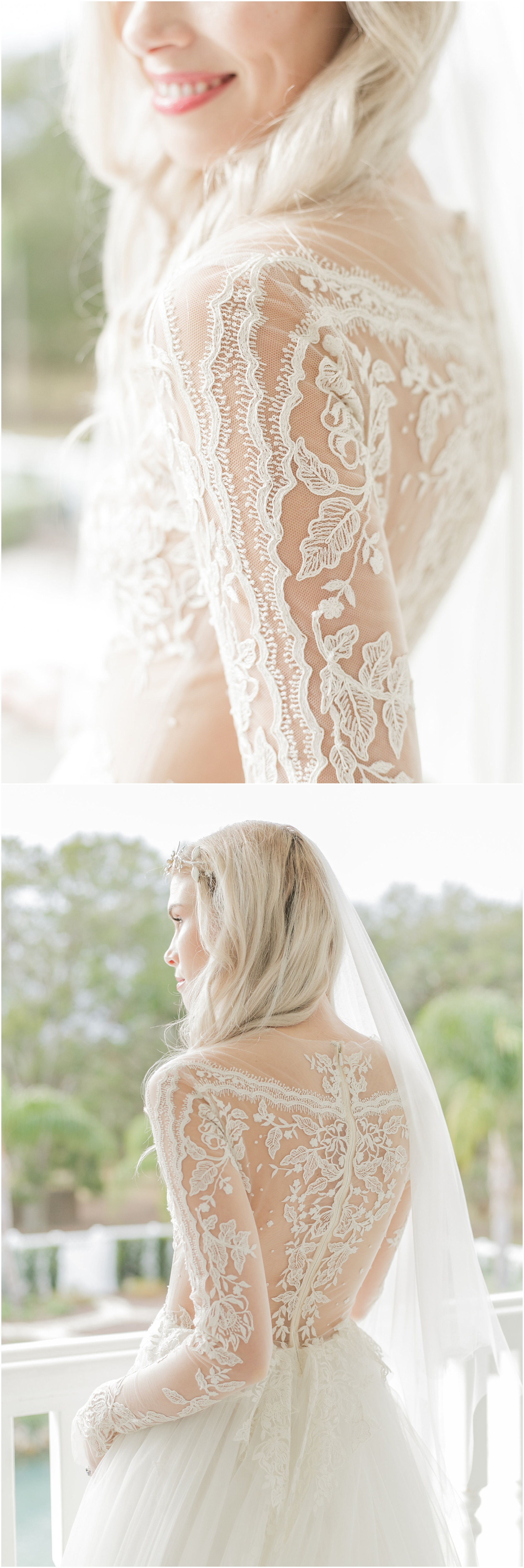 Intricate illusion lace details on the wedding dress.