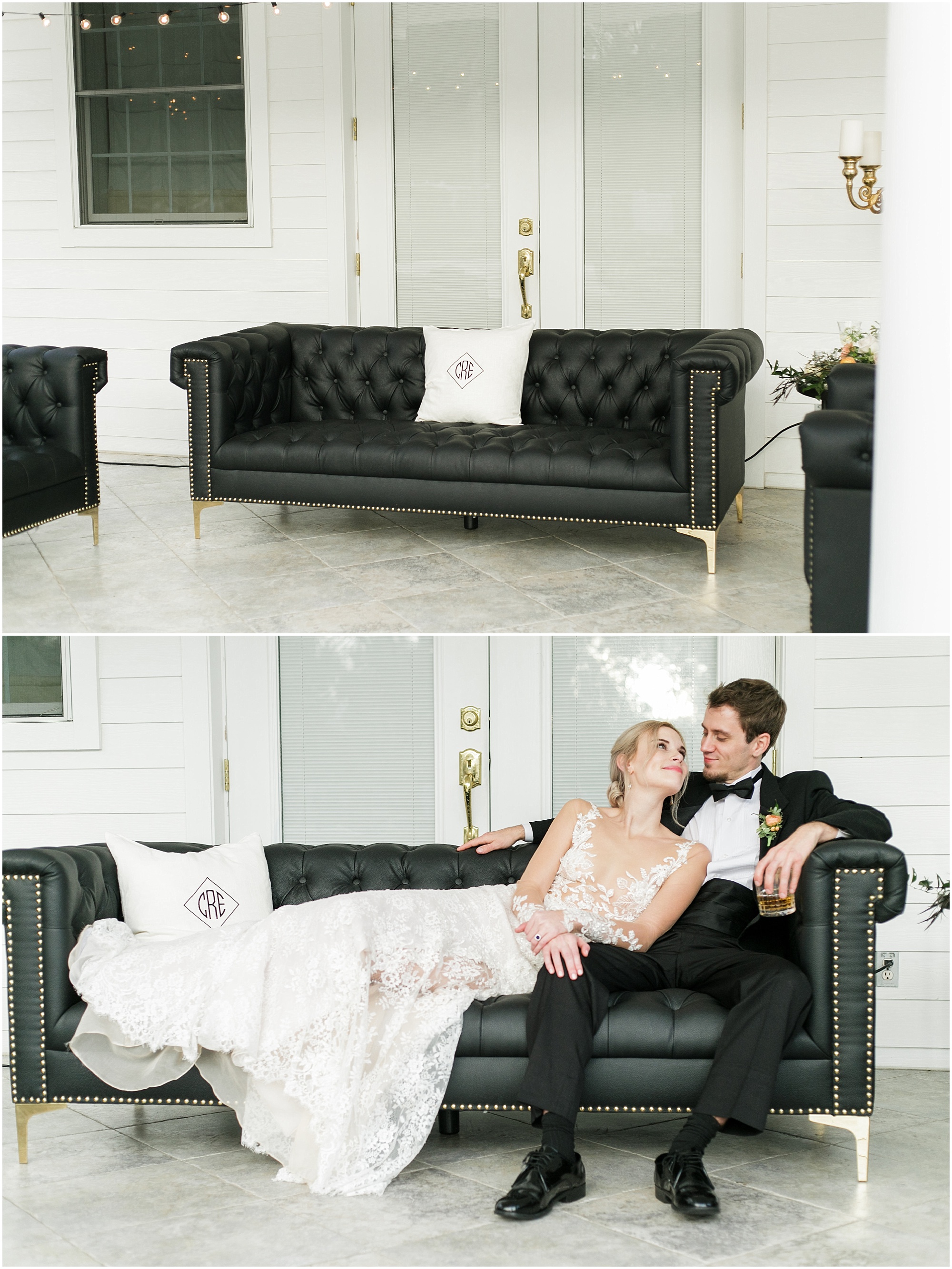 Bride and groom snuggling on a black leather couch on the terrace.