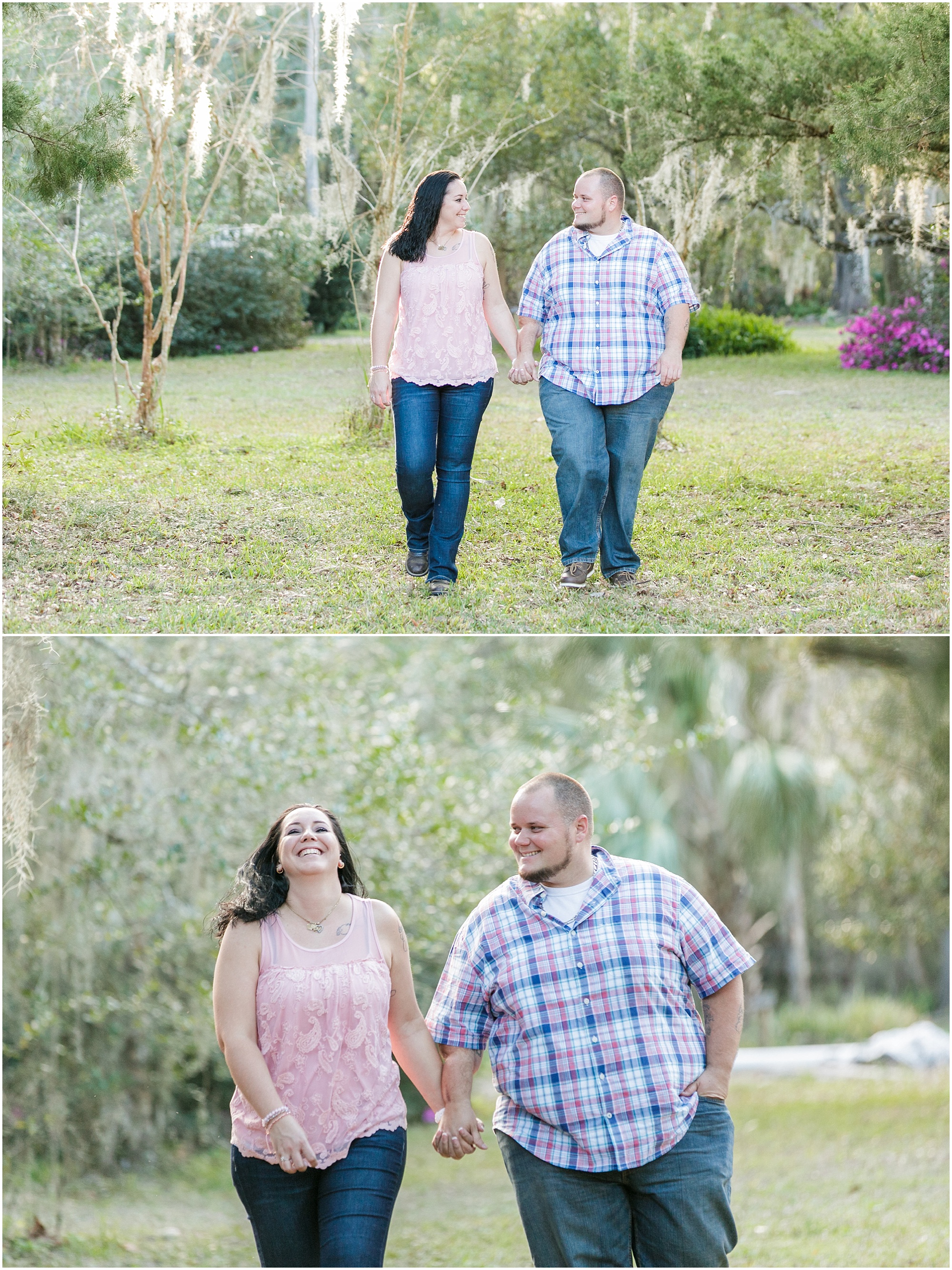 Couple hold hands and laughing while walking in a park.